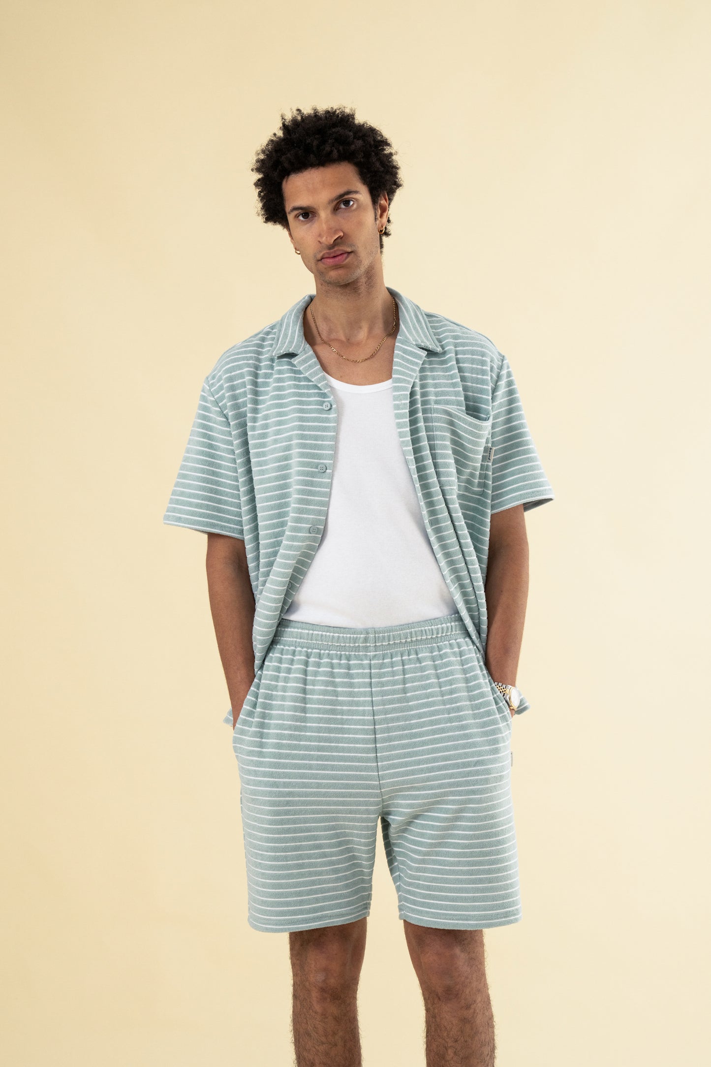 STRIPE TERRY TOWEL COTTON SHORTS - LIGHT BLUE