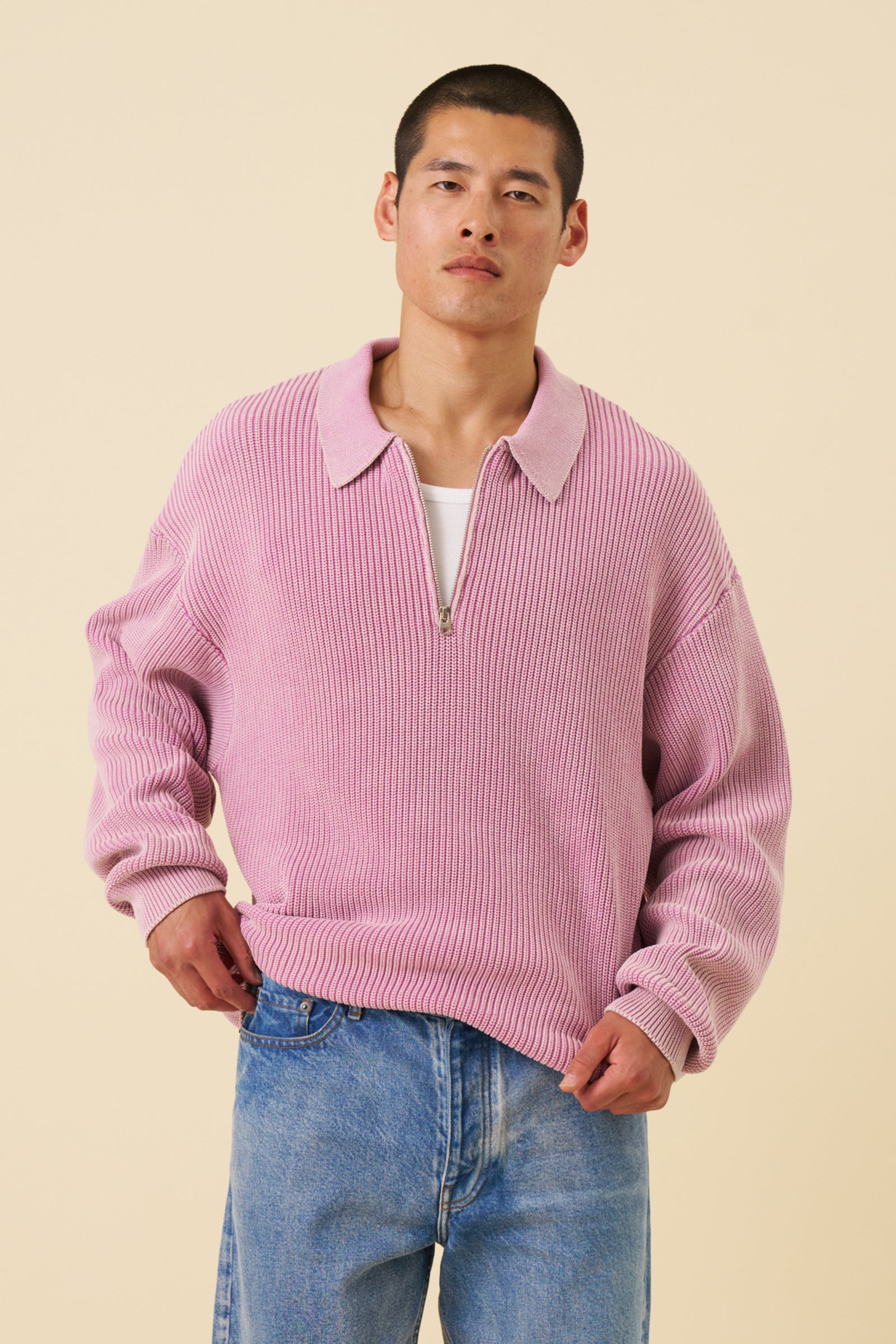 ROSE PINK ACID WASH HALF ZIP KNIT PULLOVER – bound