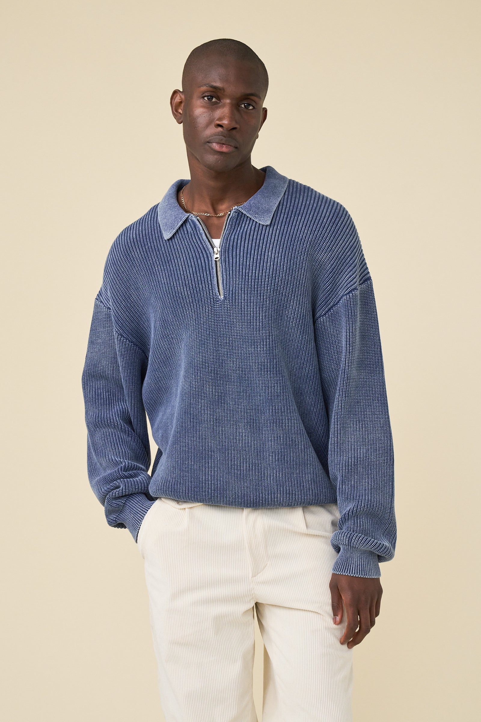 トップス MIDWEST EXCLUSIVE BANDAGE KNIT NAVY ACID WASHED HALF ZIP KNIT PULLOVER – bound