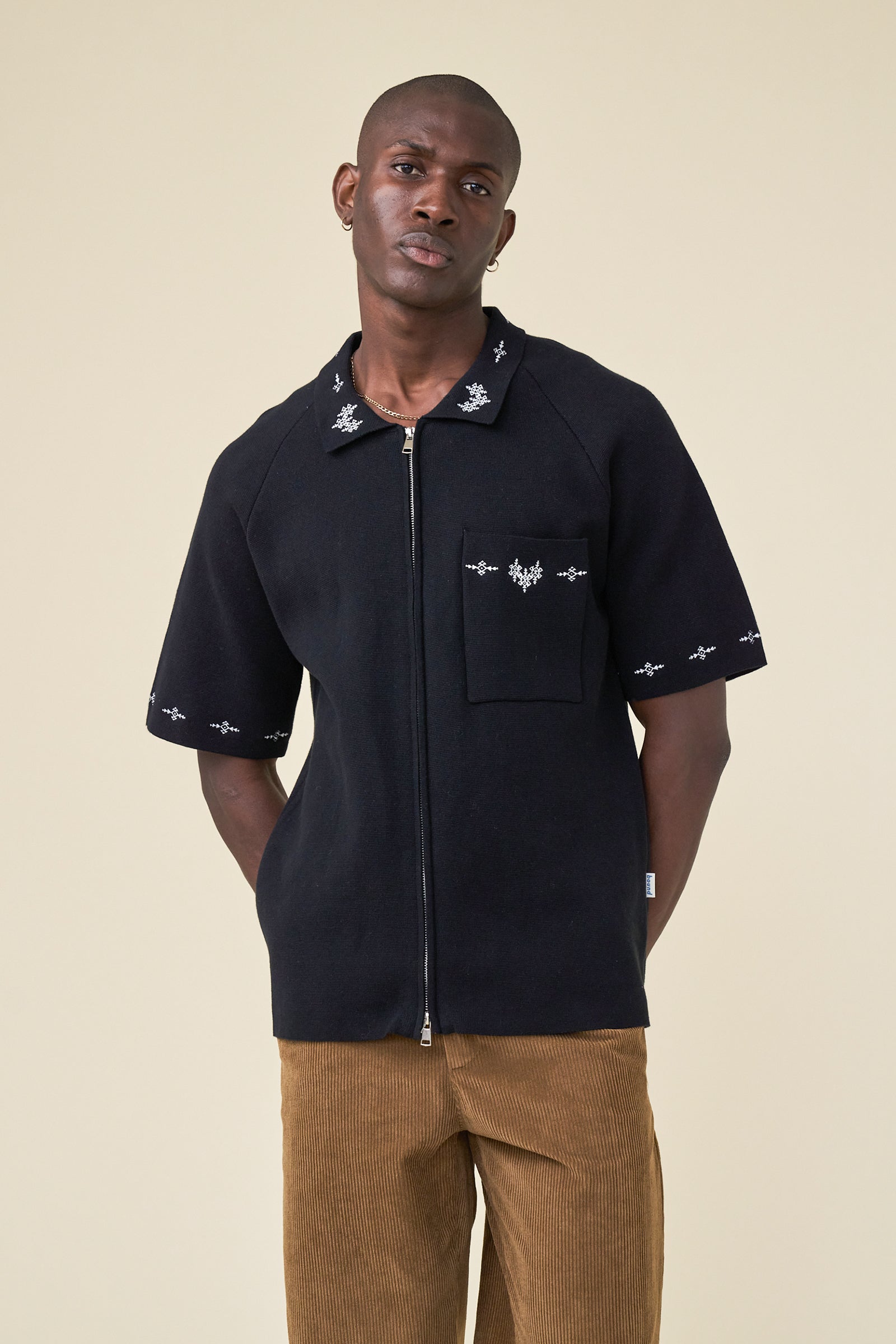 AZTEC CROPPED ZIP KNIT POLO - BLACK – bound