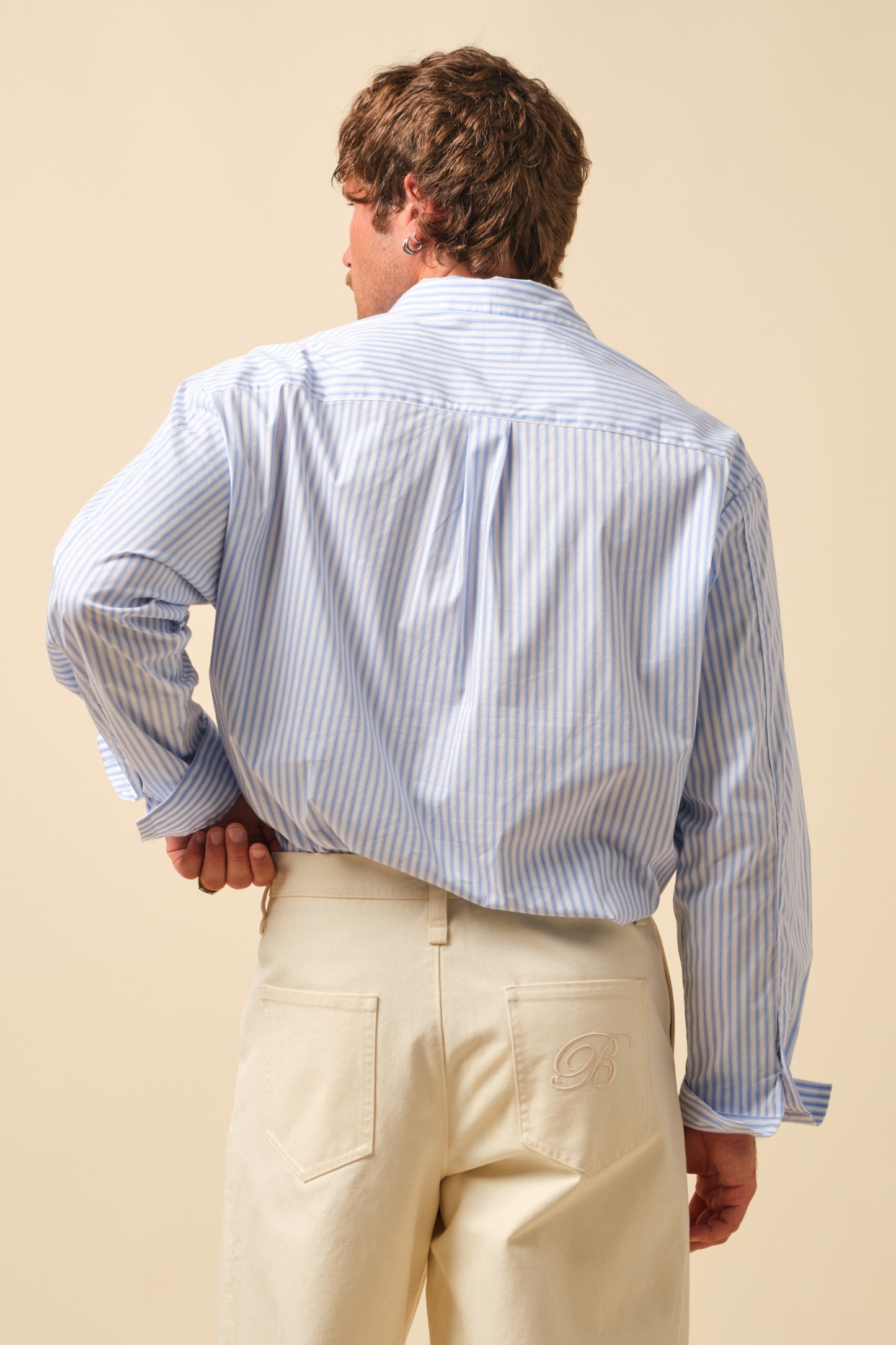FREDDIE STRIPE OXFORD COTTON HALF BUTTON SHIRT - WHITE BLUE