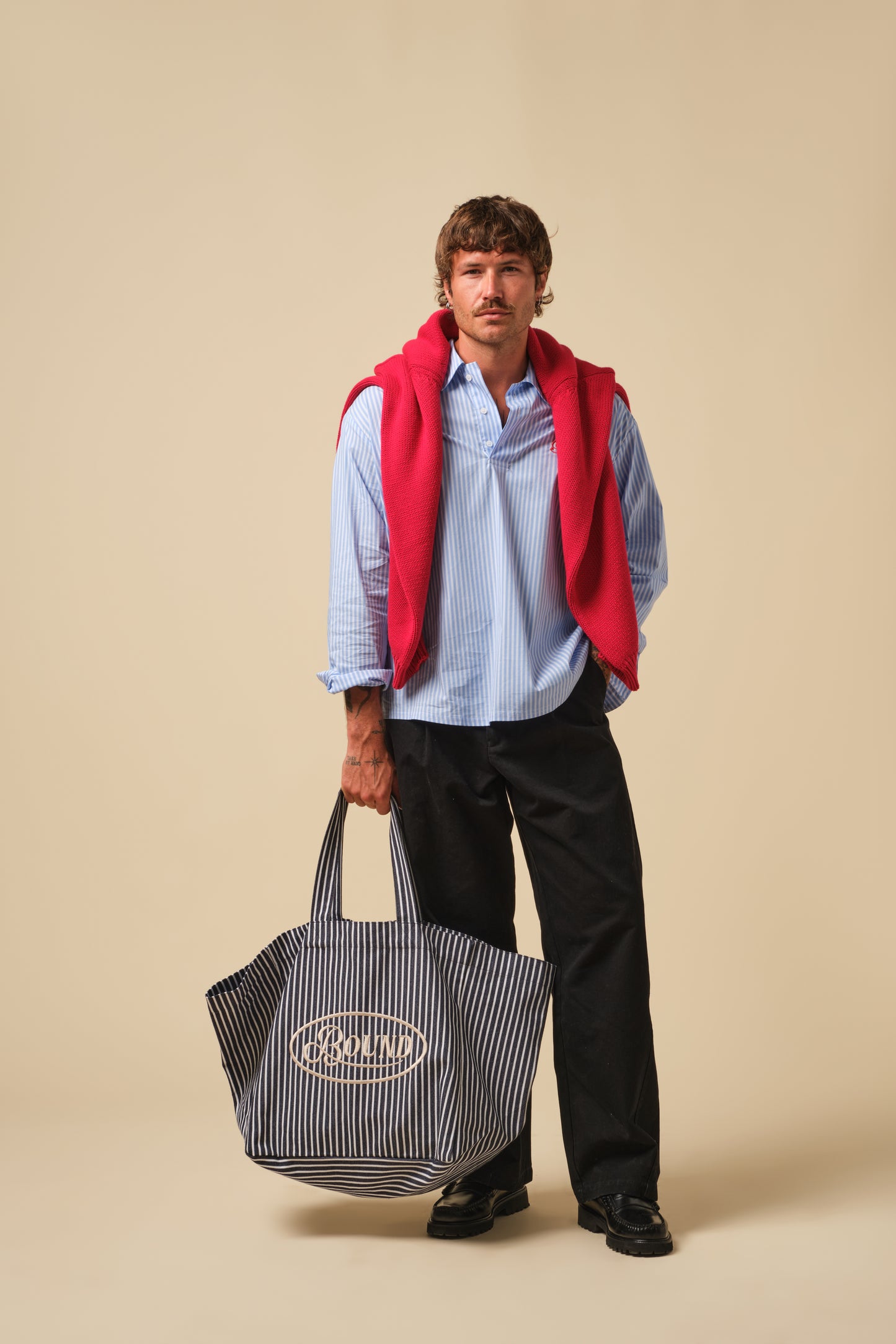 FREDDIE RETRO EMBROIDERED OVERSIZED TOTE BAG - NAVY STRIPE
