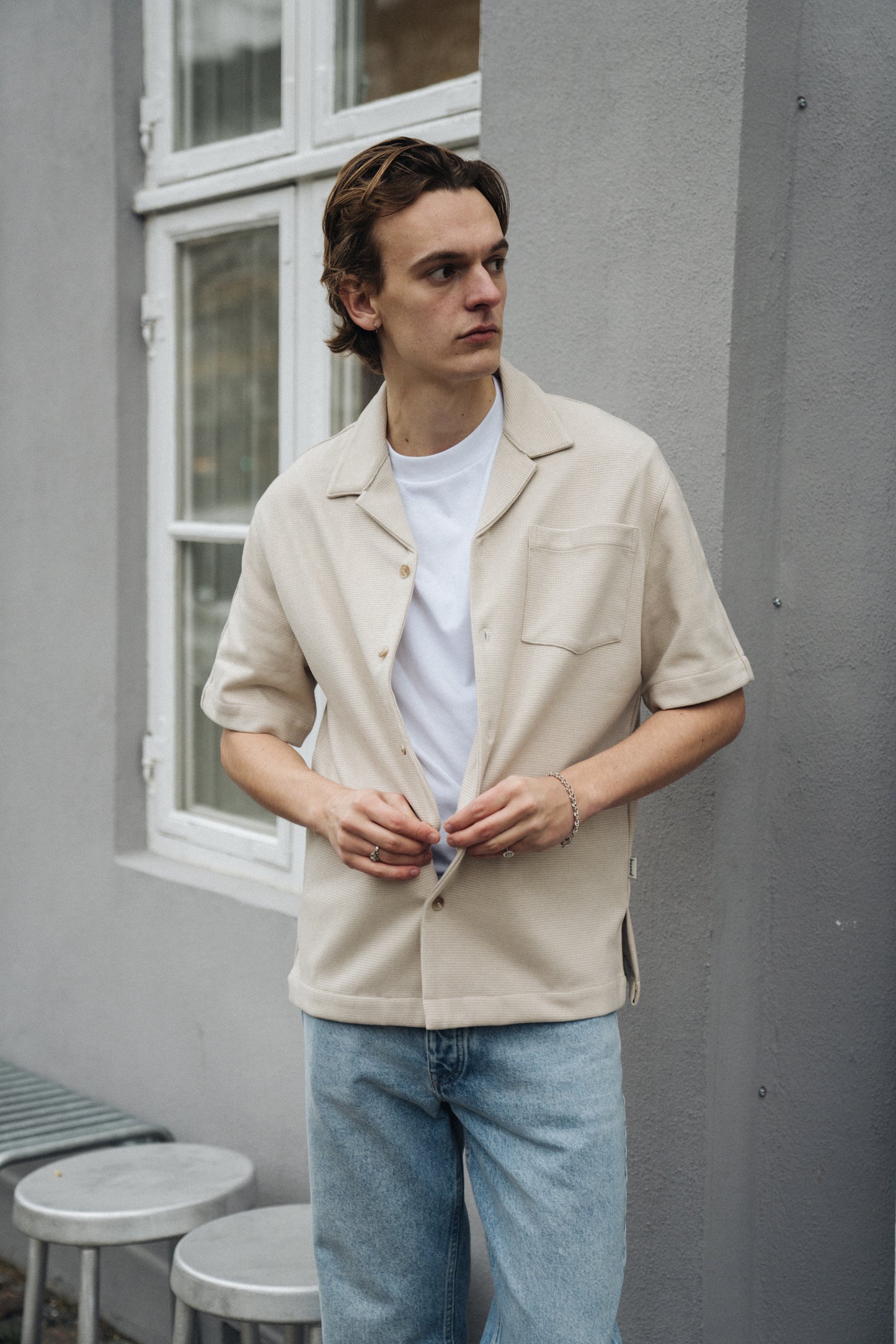 HEAVYWEIGHT WOVEN DOGTOOTH CUBAN POLO - OAT