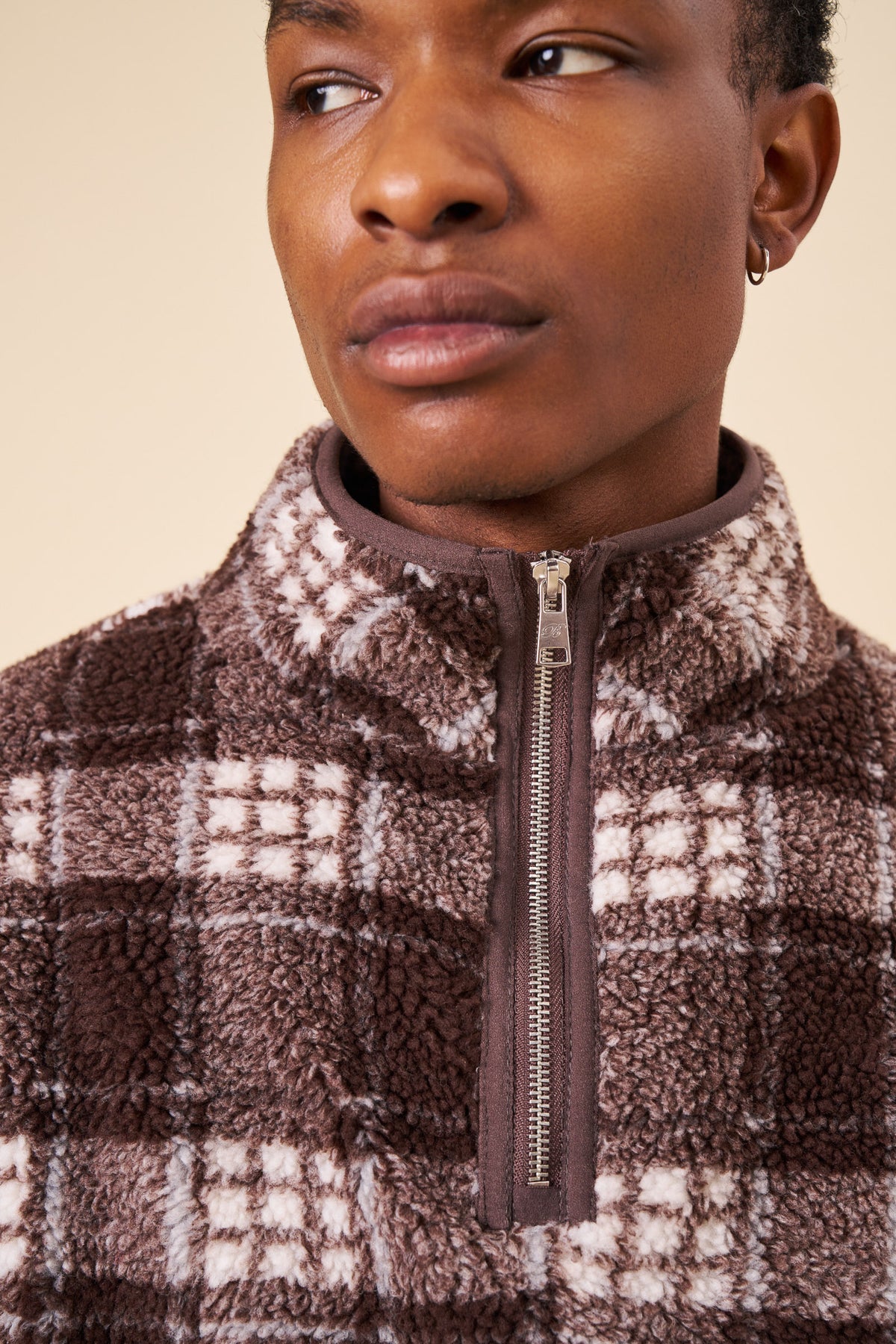 CHECK HALF ZIP FLEECE - BROWN