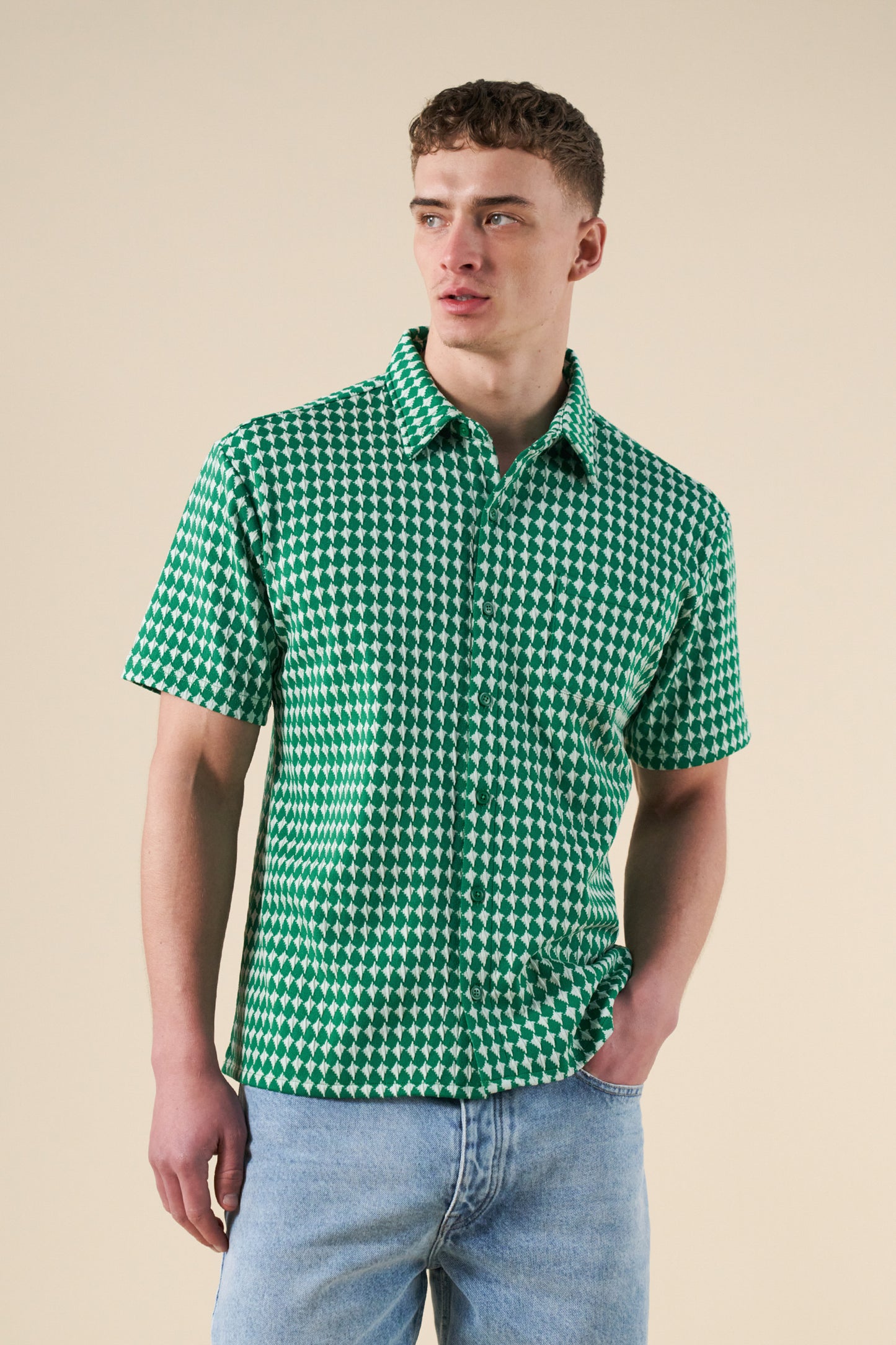 CROSS CHECK WOVEN TEXTURED POLO - KELLY GREEN