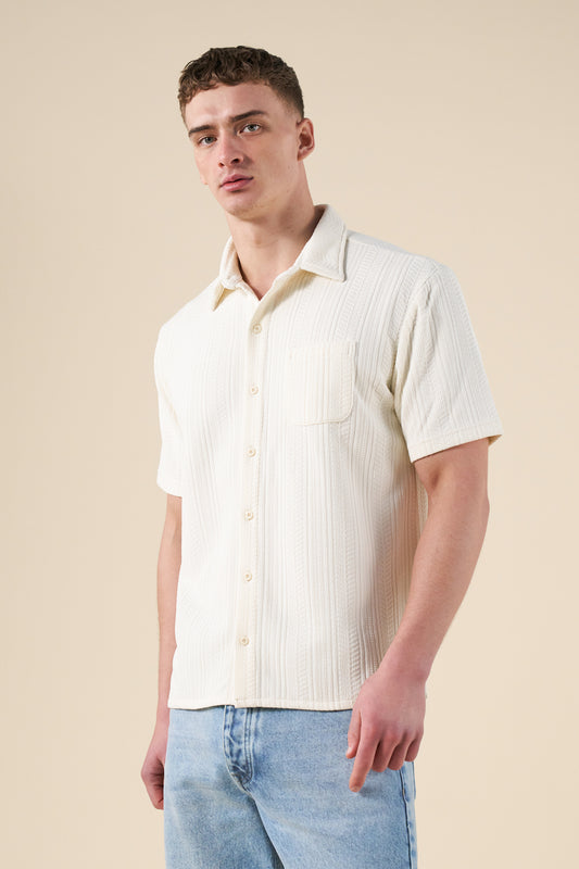 CABLE KNIT WOVEN POLO - ECRU