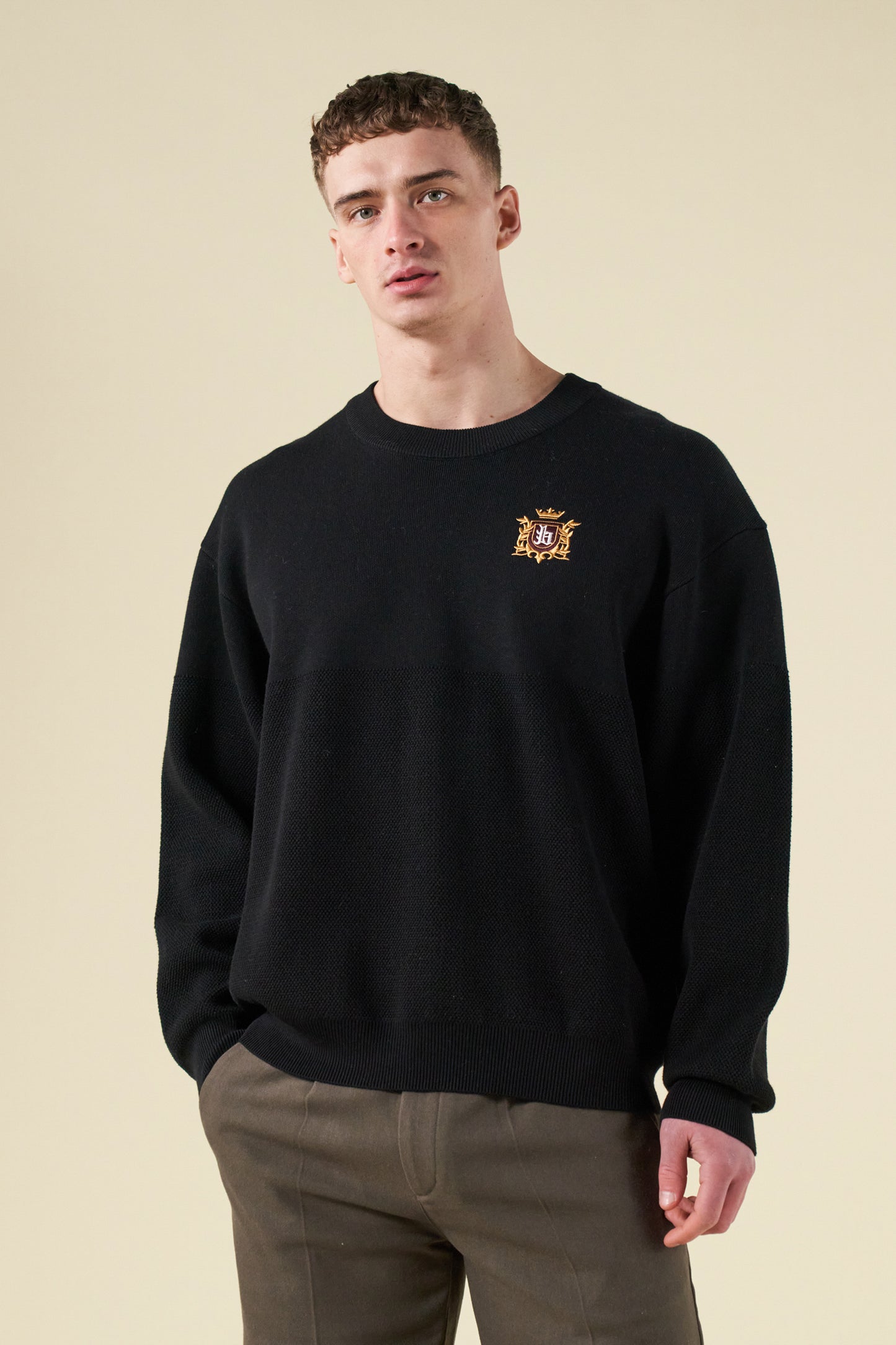 CREST PANEL KNIT SWEATER - BLACK