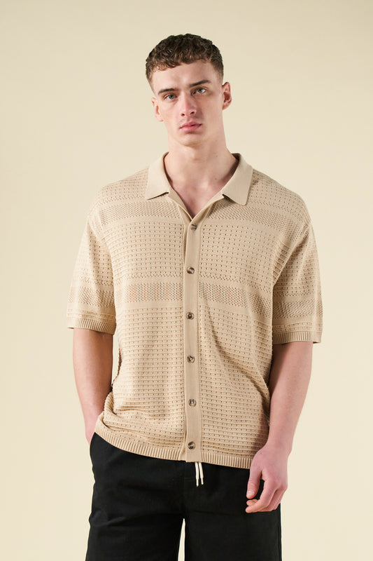 RUPERT CROCHET KNIT POLO - SAND