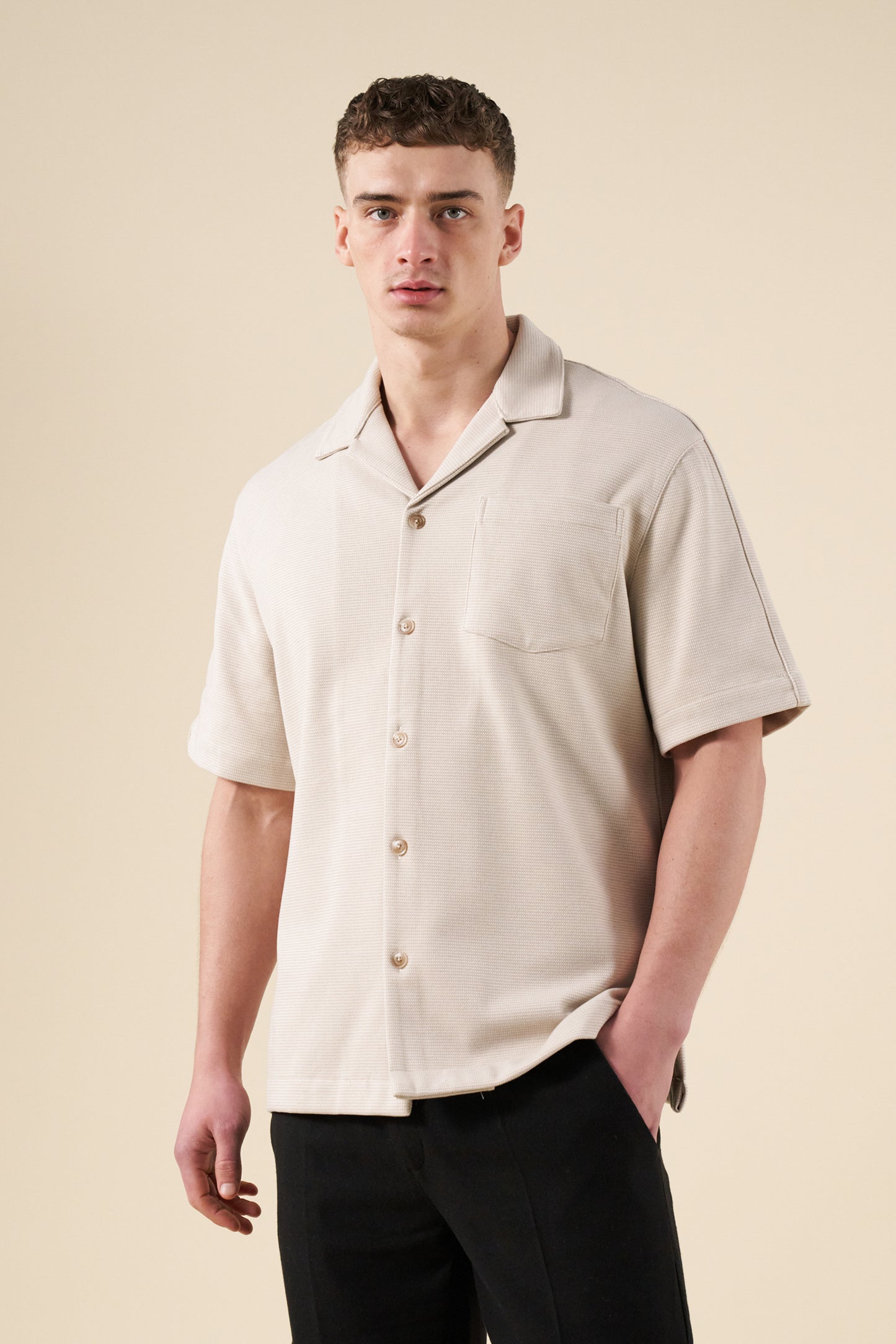 HEAVYWEIGHT WOVEN DOGTOOTH CUBAN POLO - OAT