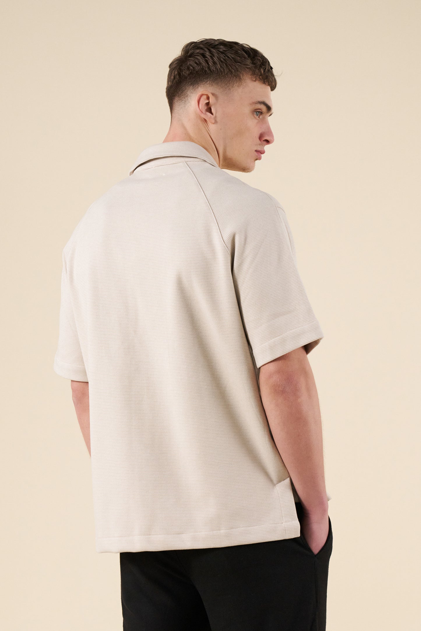 HEAVYWEIGHT WOVEN DOGTOOTH CUBAN POLO - OAT