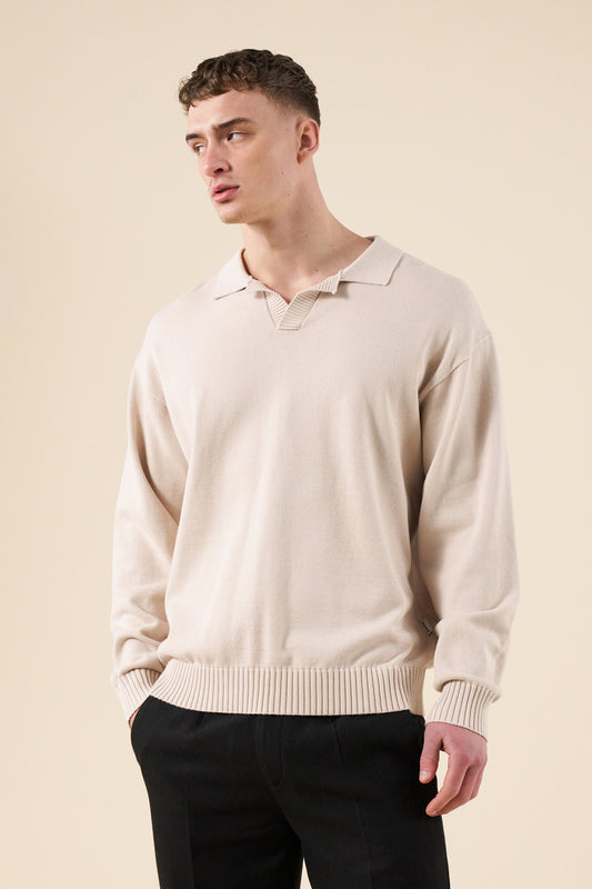 TROPEZ KNIT POLO SWEATER - STONE