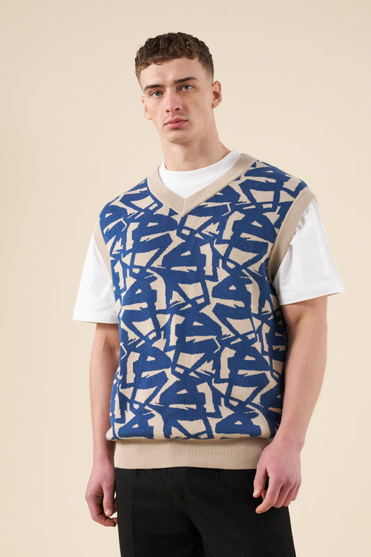 ABSTRACT OCEAN VEST - BLUE/BEIGE