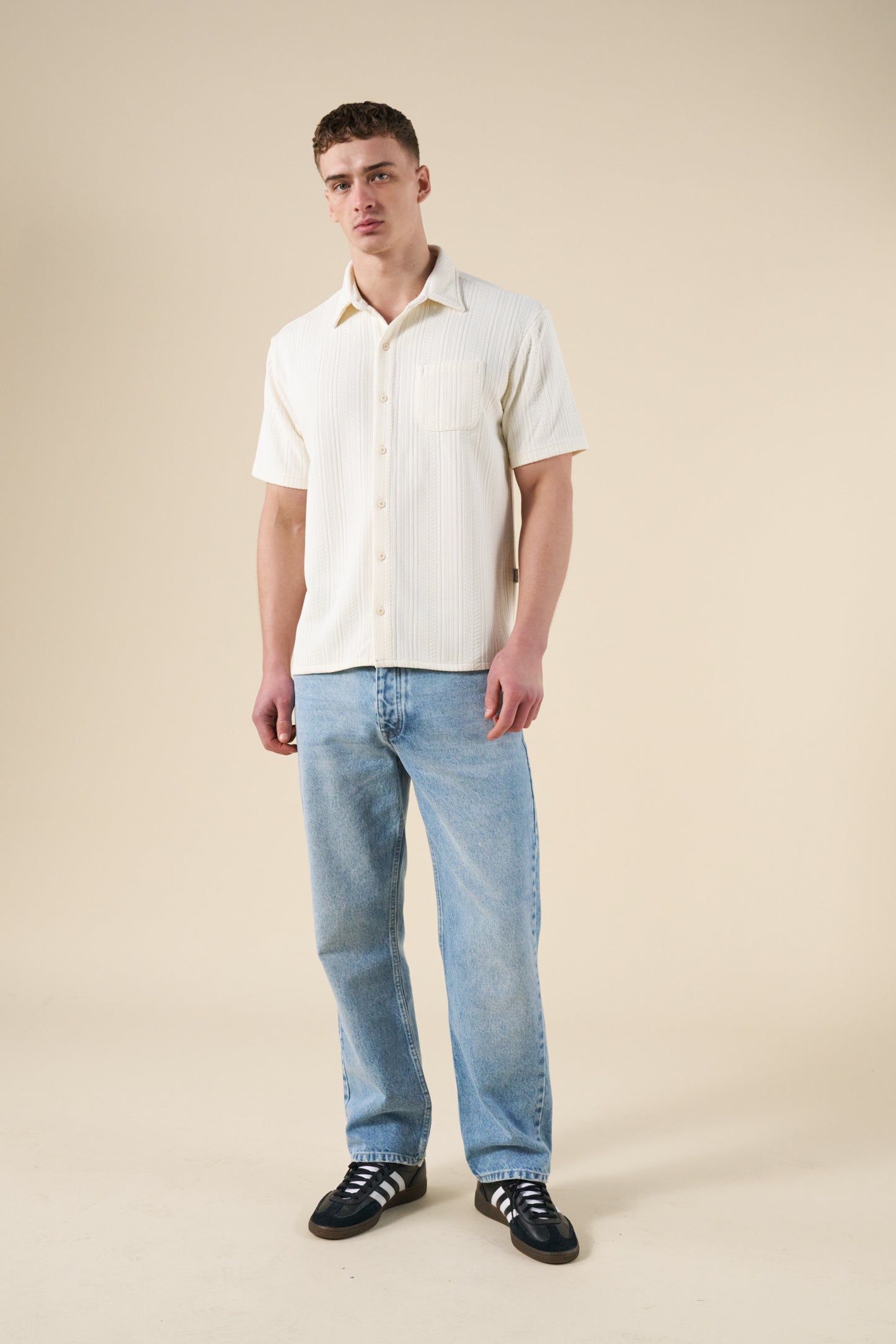 CABLE KNIT WOVEN POLO - ECRU