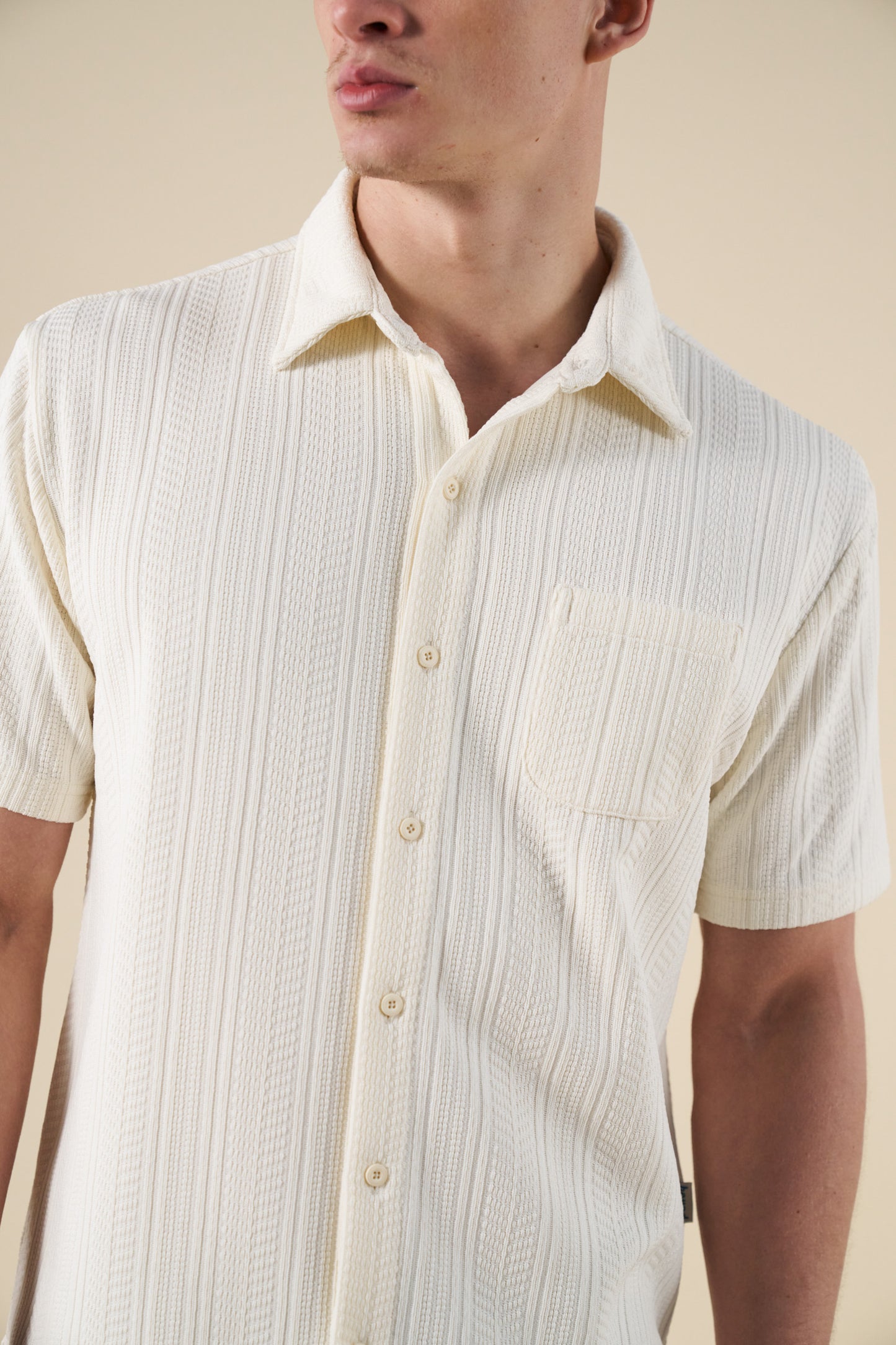 CABLE KNIT WOVEN POLO - ECRU