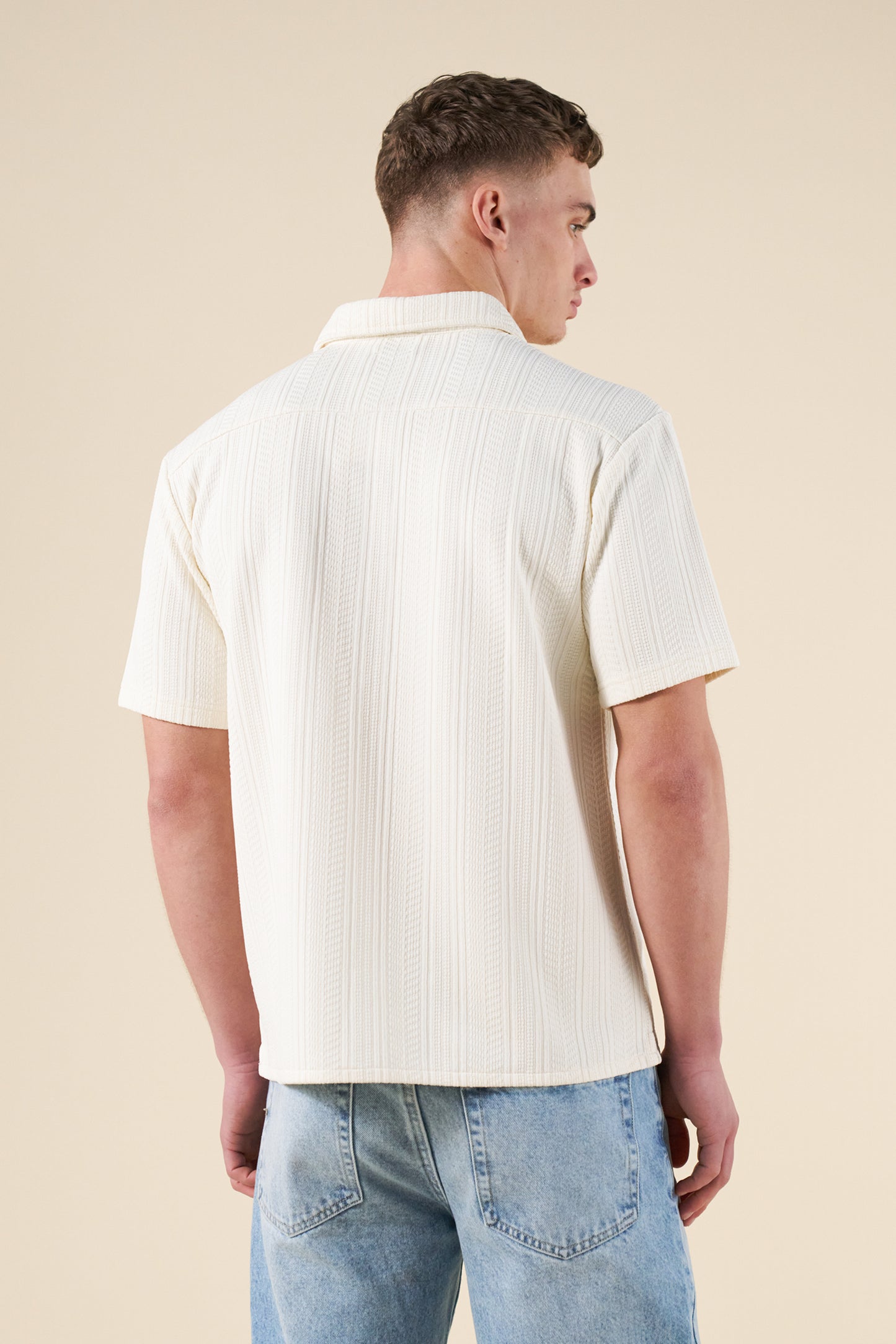CABLE KNIT WOVEN POLO - ECRU