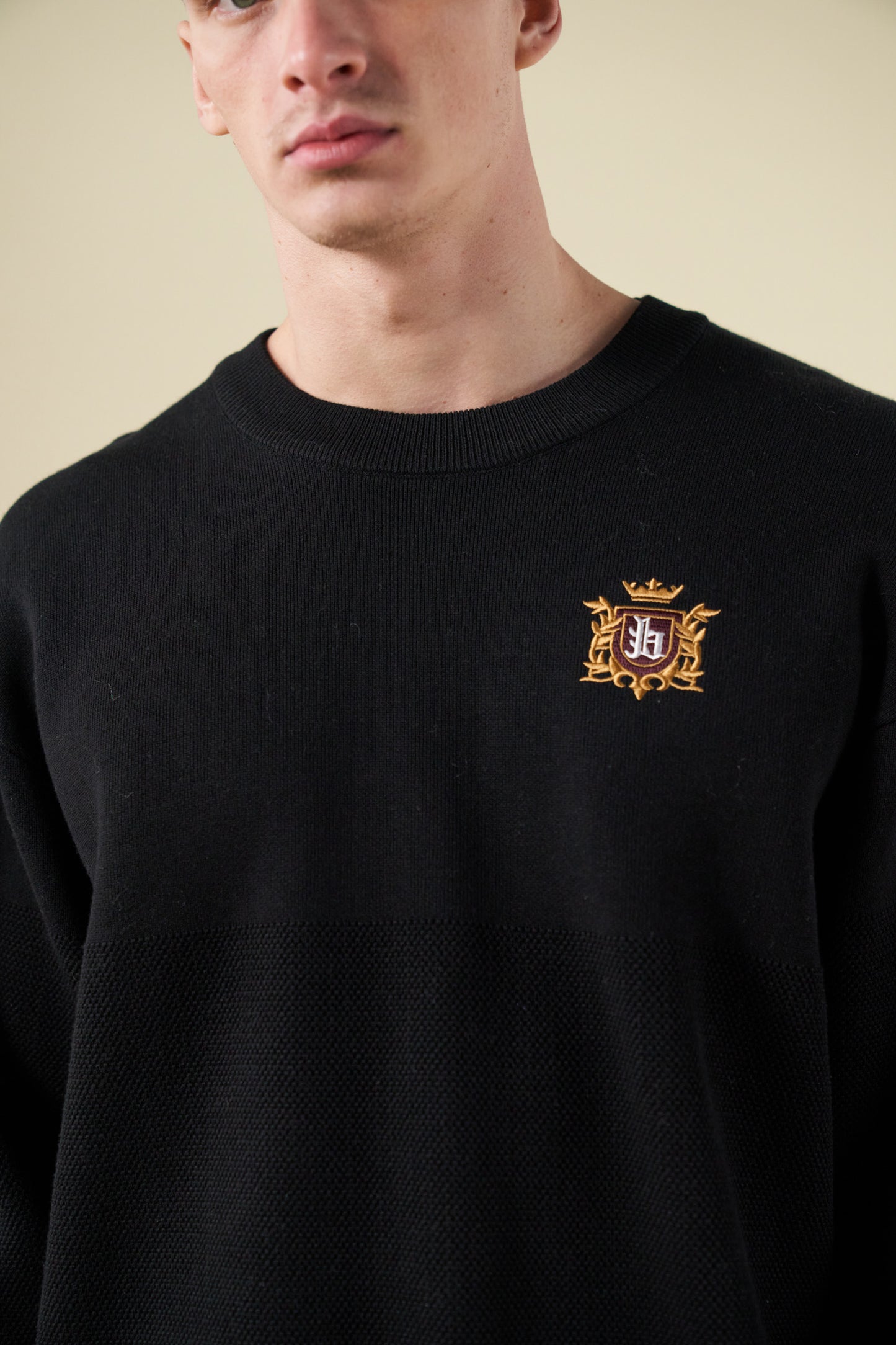 CREST PANEL KNIT SWEATER - BLACK