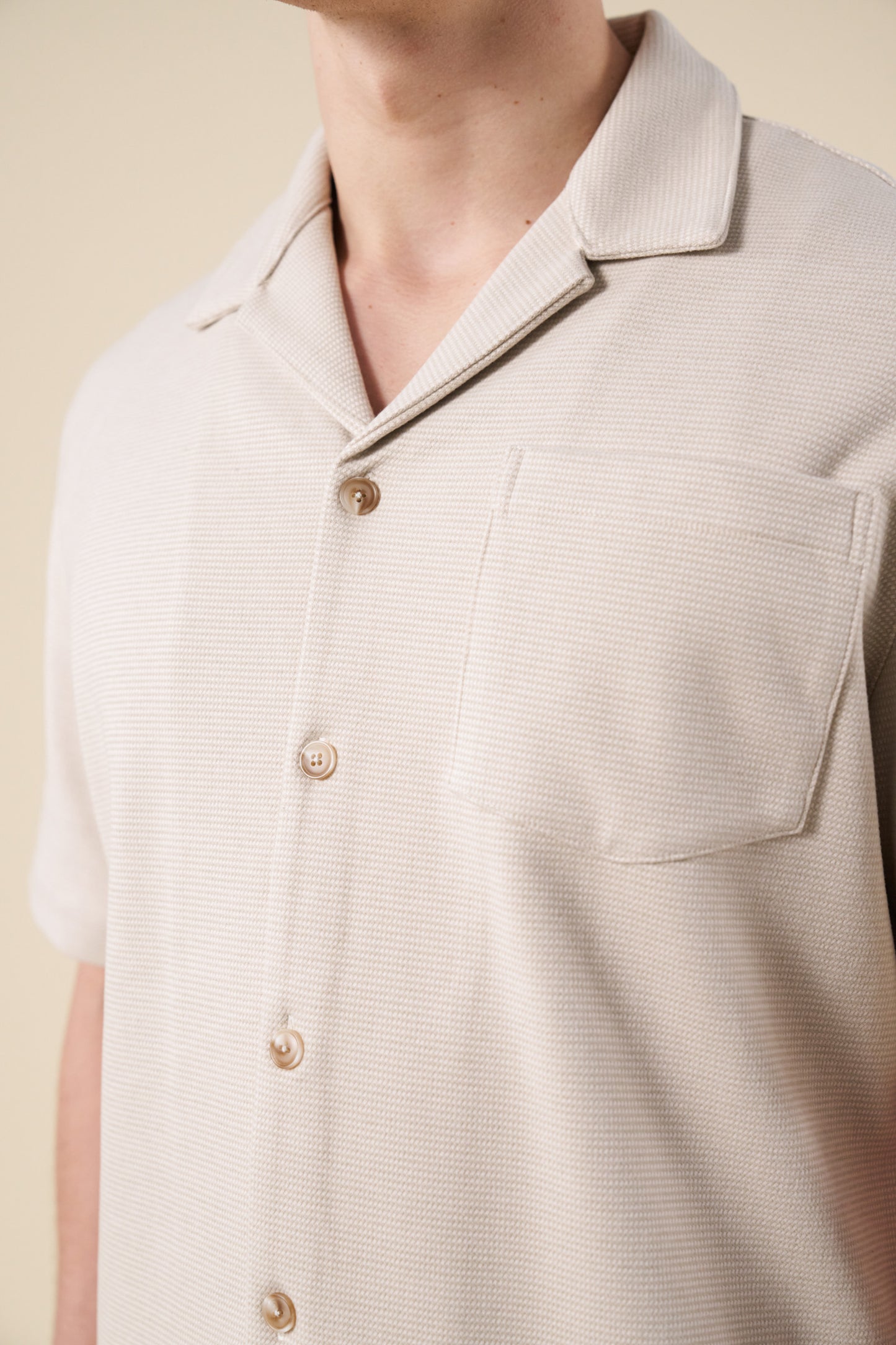 HEAVYWEIGHT WOVEN DOGTOOTH CUBAN POLO - OAT
