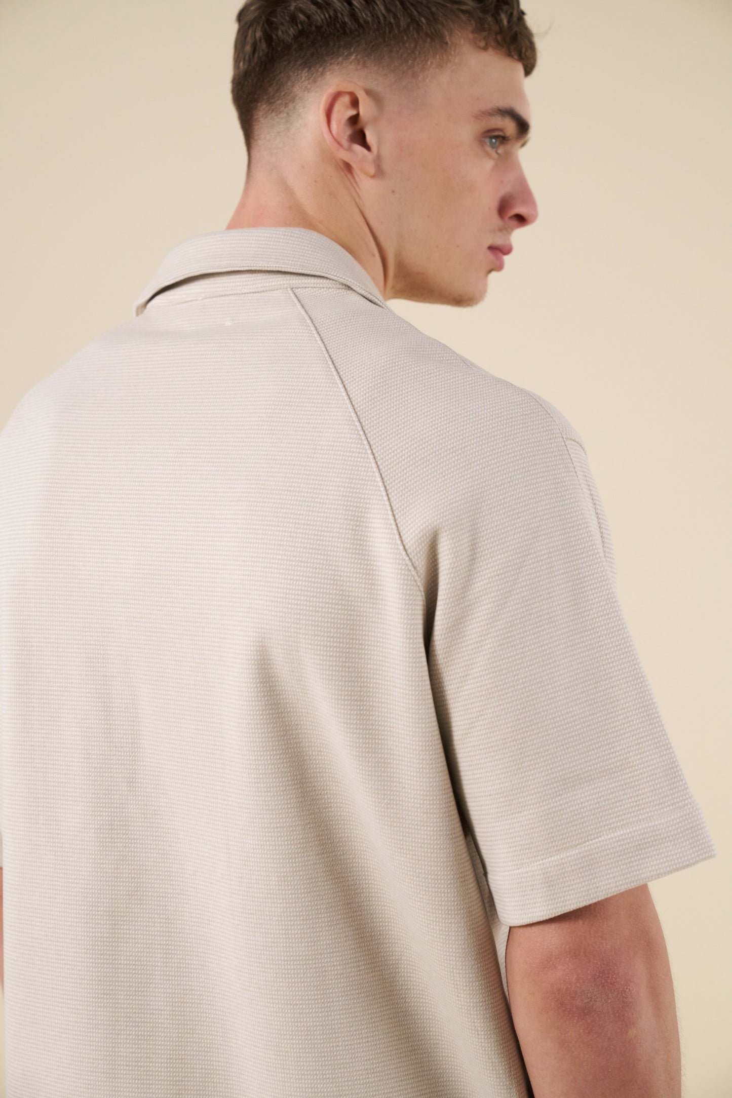 HEAVYWEIGHT WOVEN DOGTOOTH CUBAN POLO - OAT