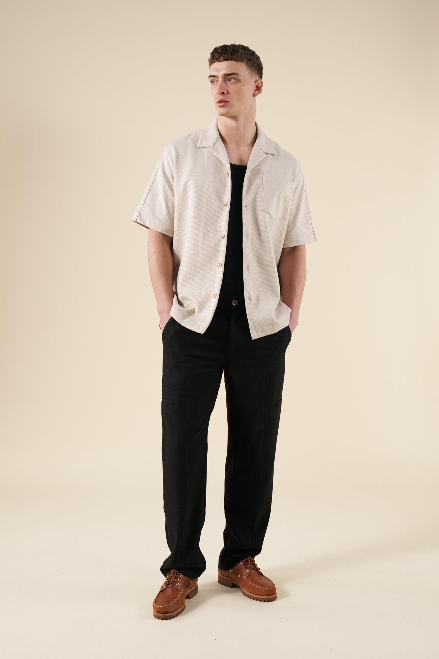 HEAVYWEIGHT WOVEN DOGTOOTH CUBAN POLO - OAT