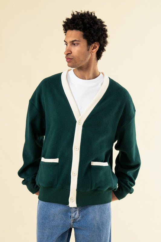 HARVARD REVERSE FLEECE CARDIGAN - BOTTLE GREEN