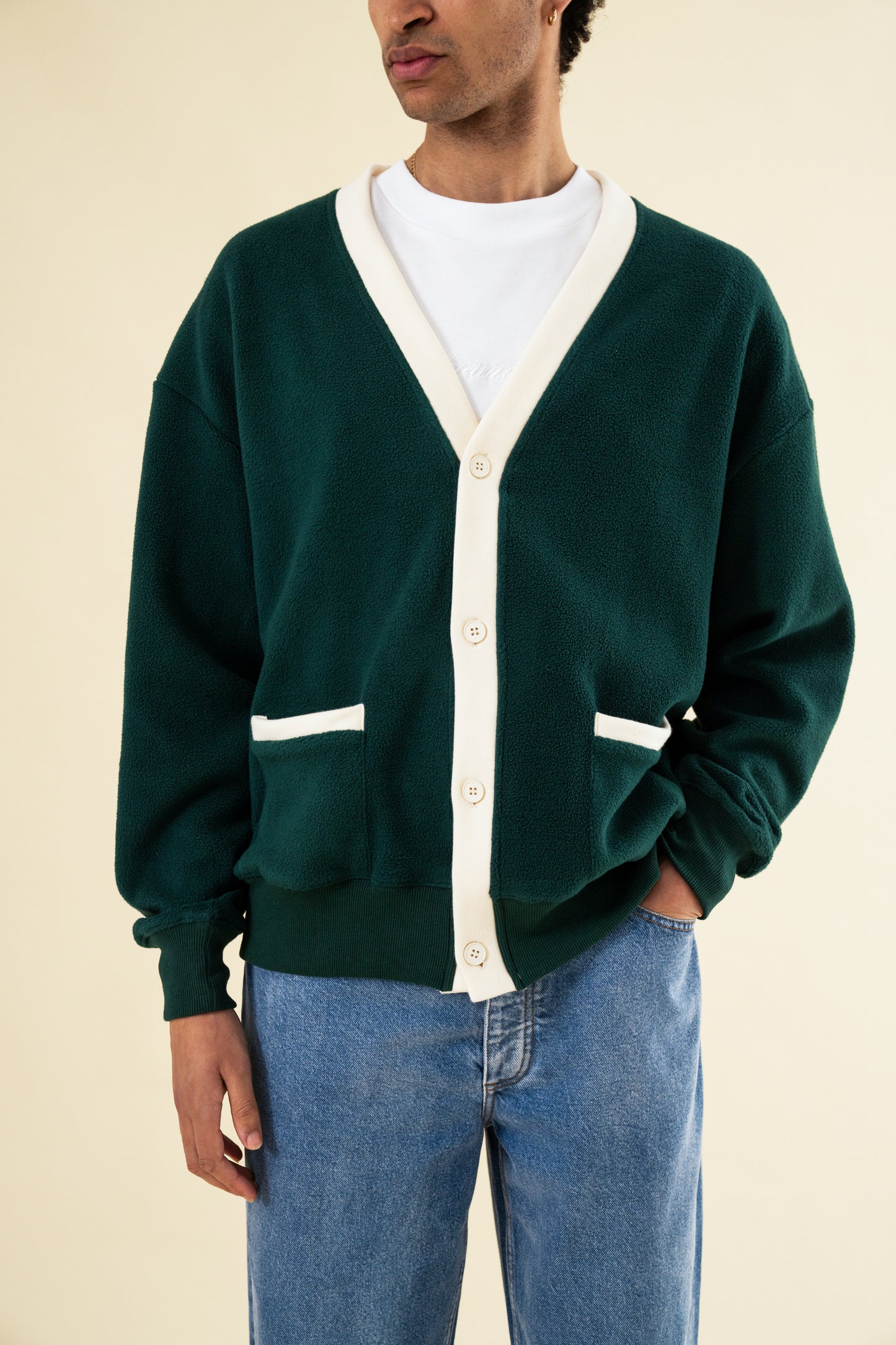 HARVARD REVERSE FLEECE CARDIGAN - BOTTLE GREEN