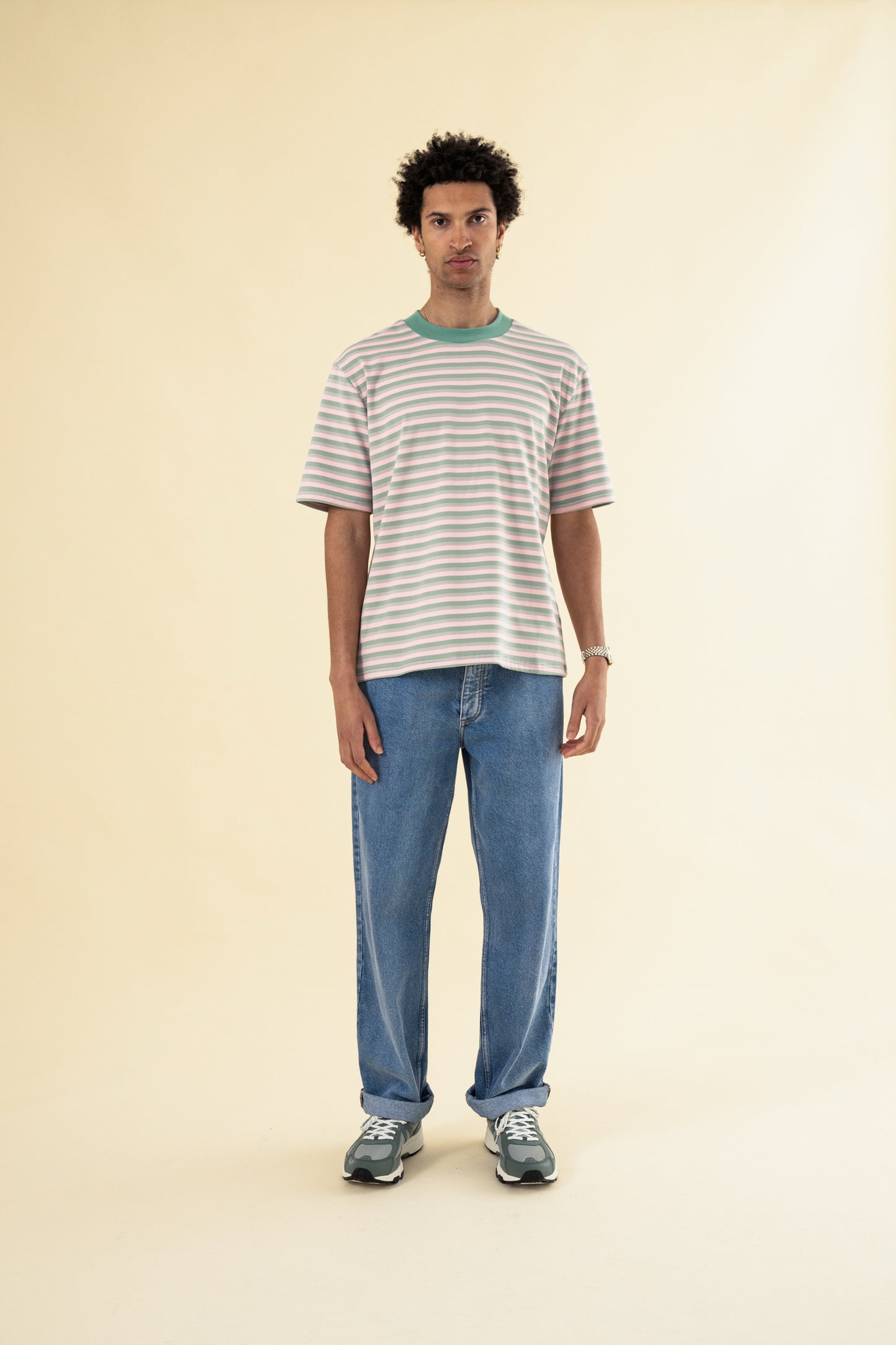 PEACHED STRIPE TEE - PINK & GREEN