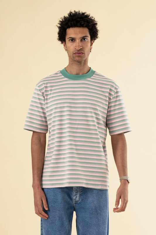 PEACHED STRIPE TEE - PINK & GREEN