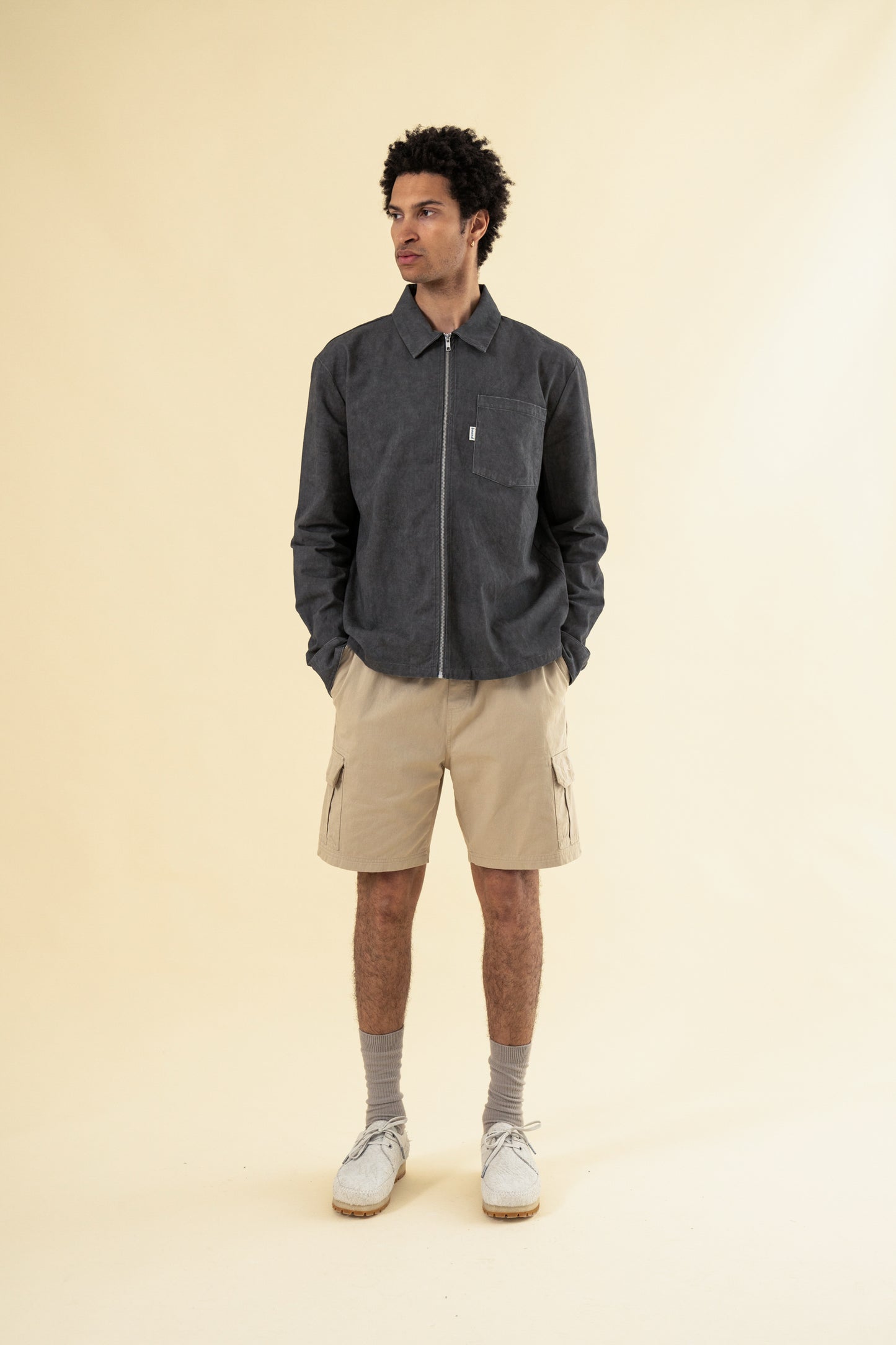 CHARCOAL ACID WASH ZIP OVERSHIRT