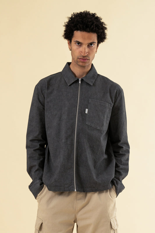 CHARCOAL ACID WASH ZIP OVERSHIRT