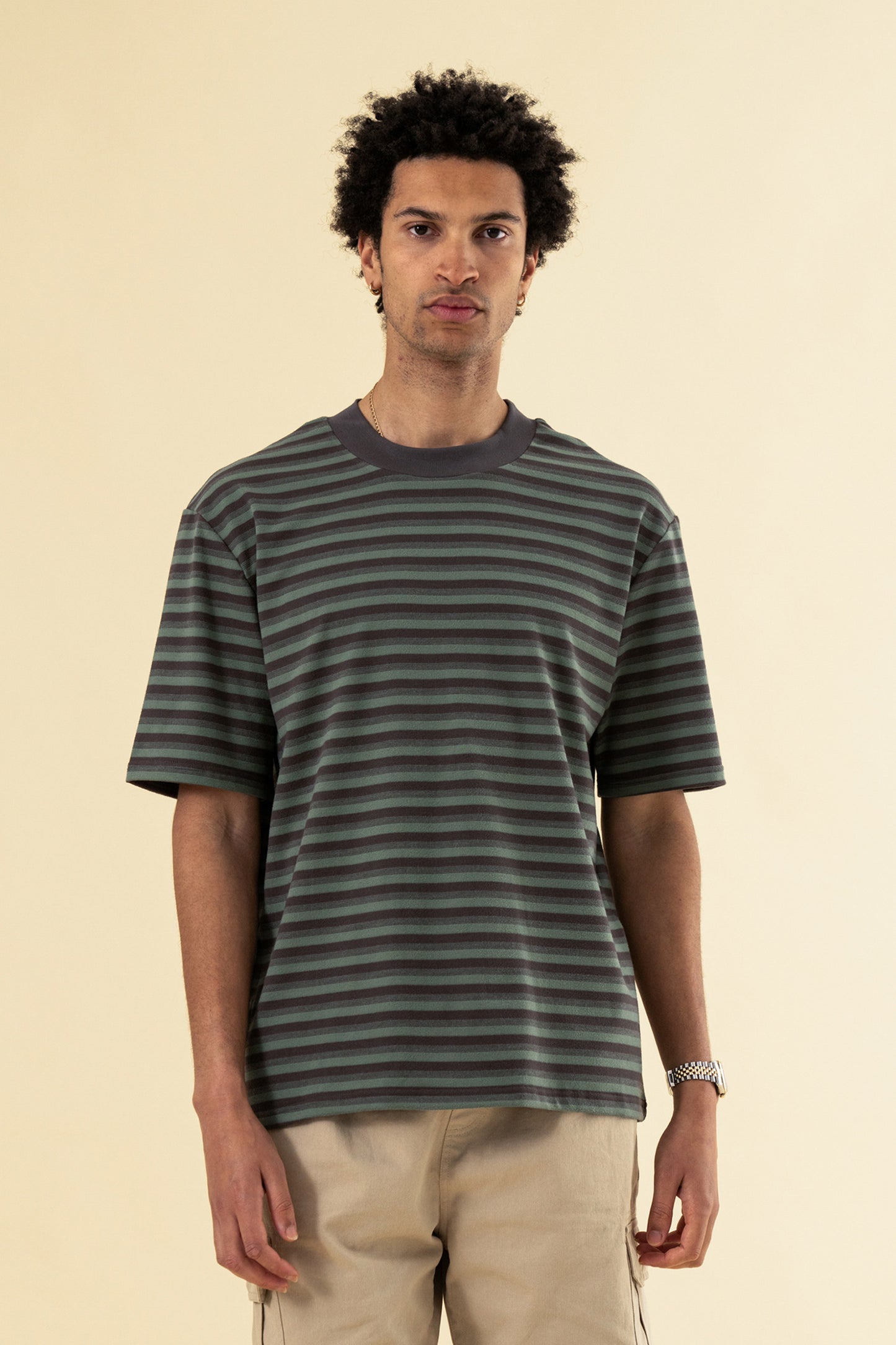 PEACHED STRIPE TEE - CHARCOAL & SAGE