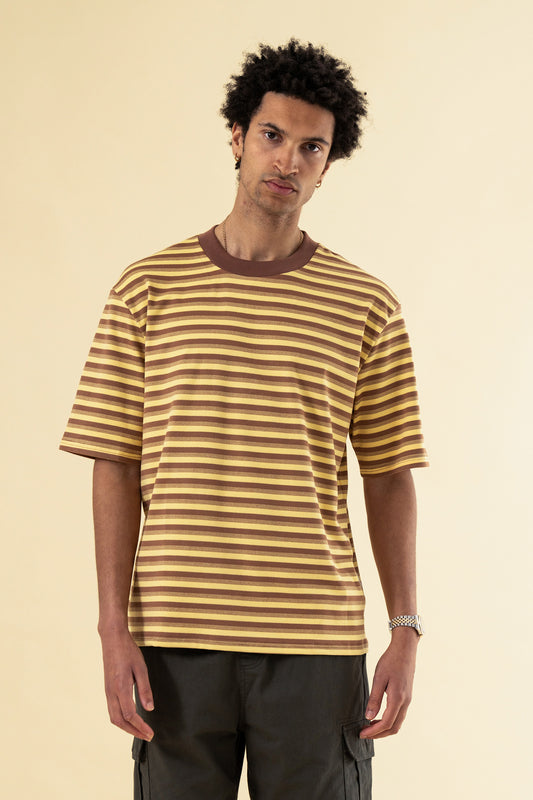 PEACHED STRIPE TEE - BROWN & YELLOW