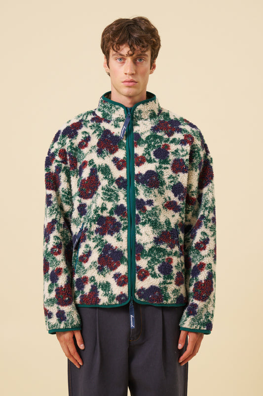 FLORAL FULL ZIP FLEECE - OFF WHITE