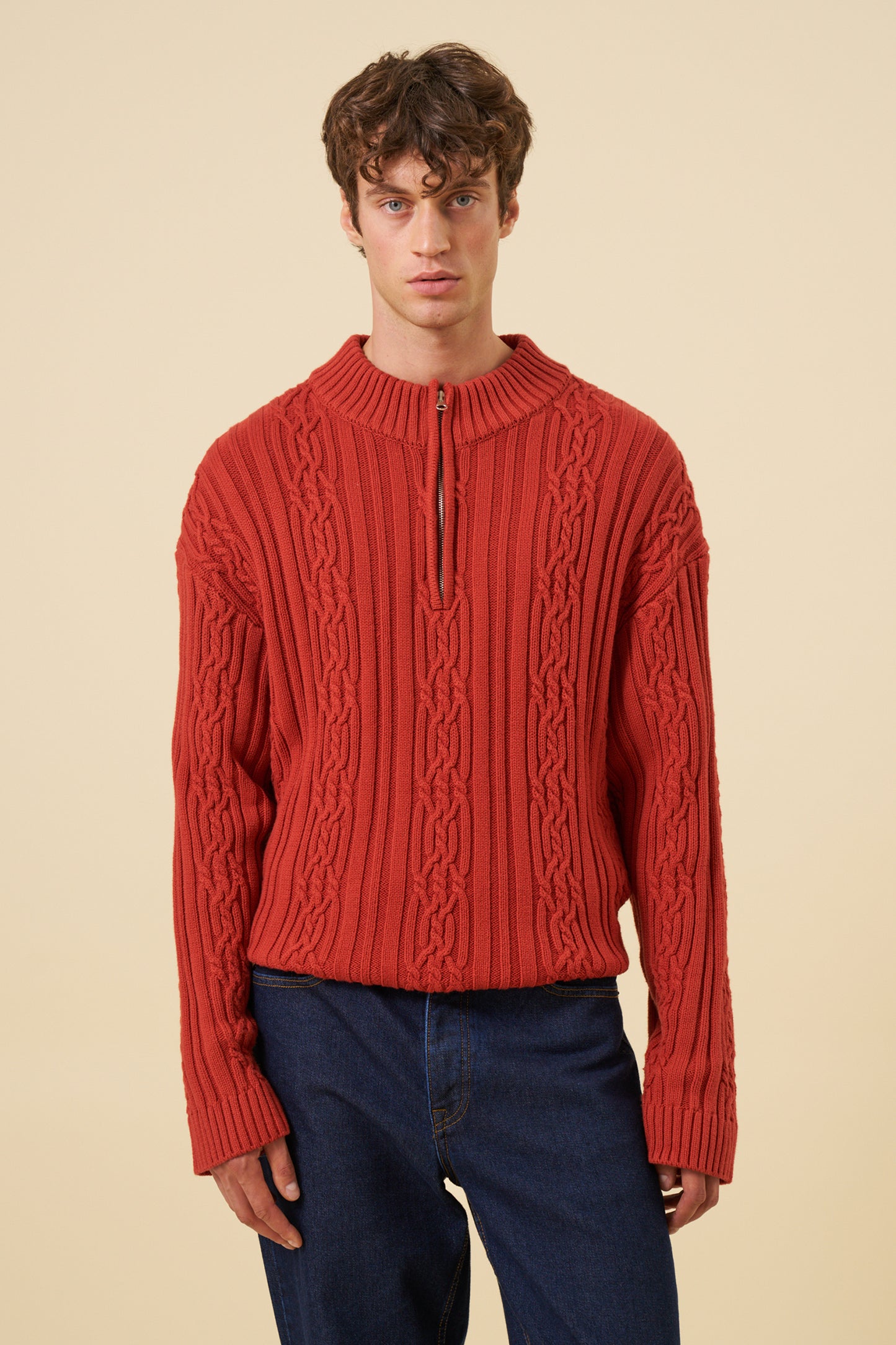 CABLE KNIT HALF ZIP PULLOVER - RUST RED