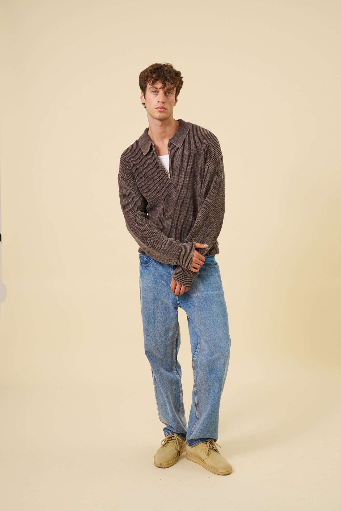 ACID WASH HALF ZIP PULLOVER - BROWN