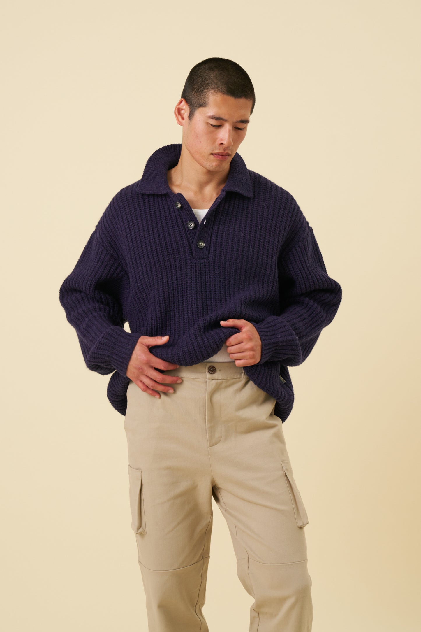 WOOL BUTTON POLO - OCEAN NAVY