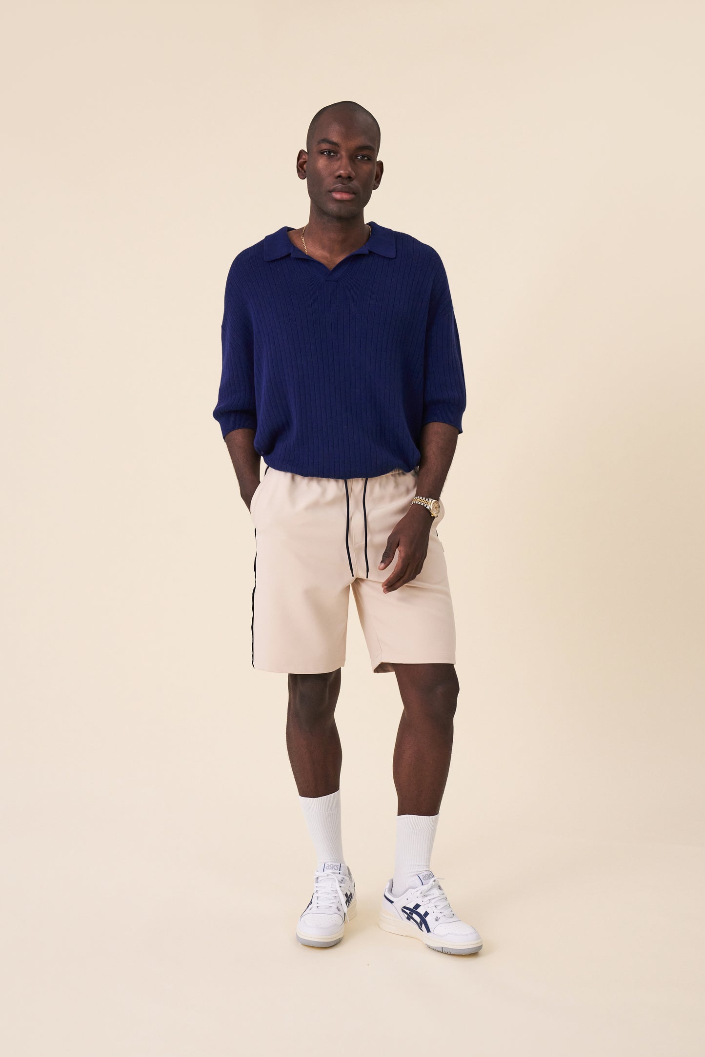 STRIPE TRACK SHORTS - BEIGE / NAVY