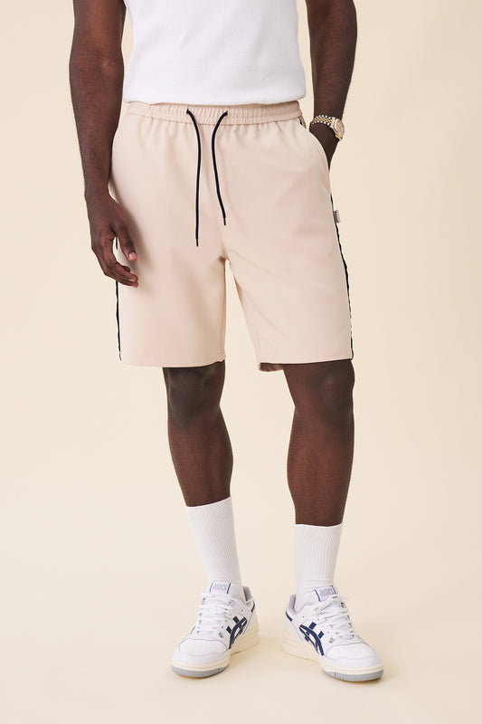 STRIPE TRACK SHORTS - BEIGE / NAVY