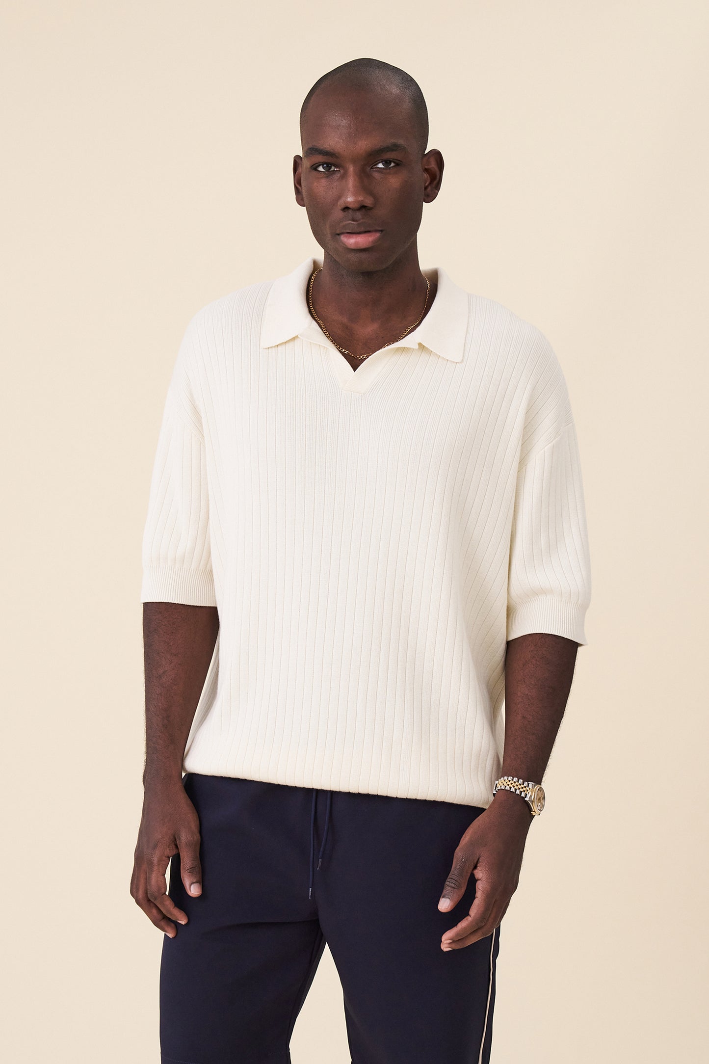 BALEARIC RIBBED KNIT POLO - ECRU
