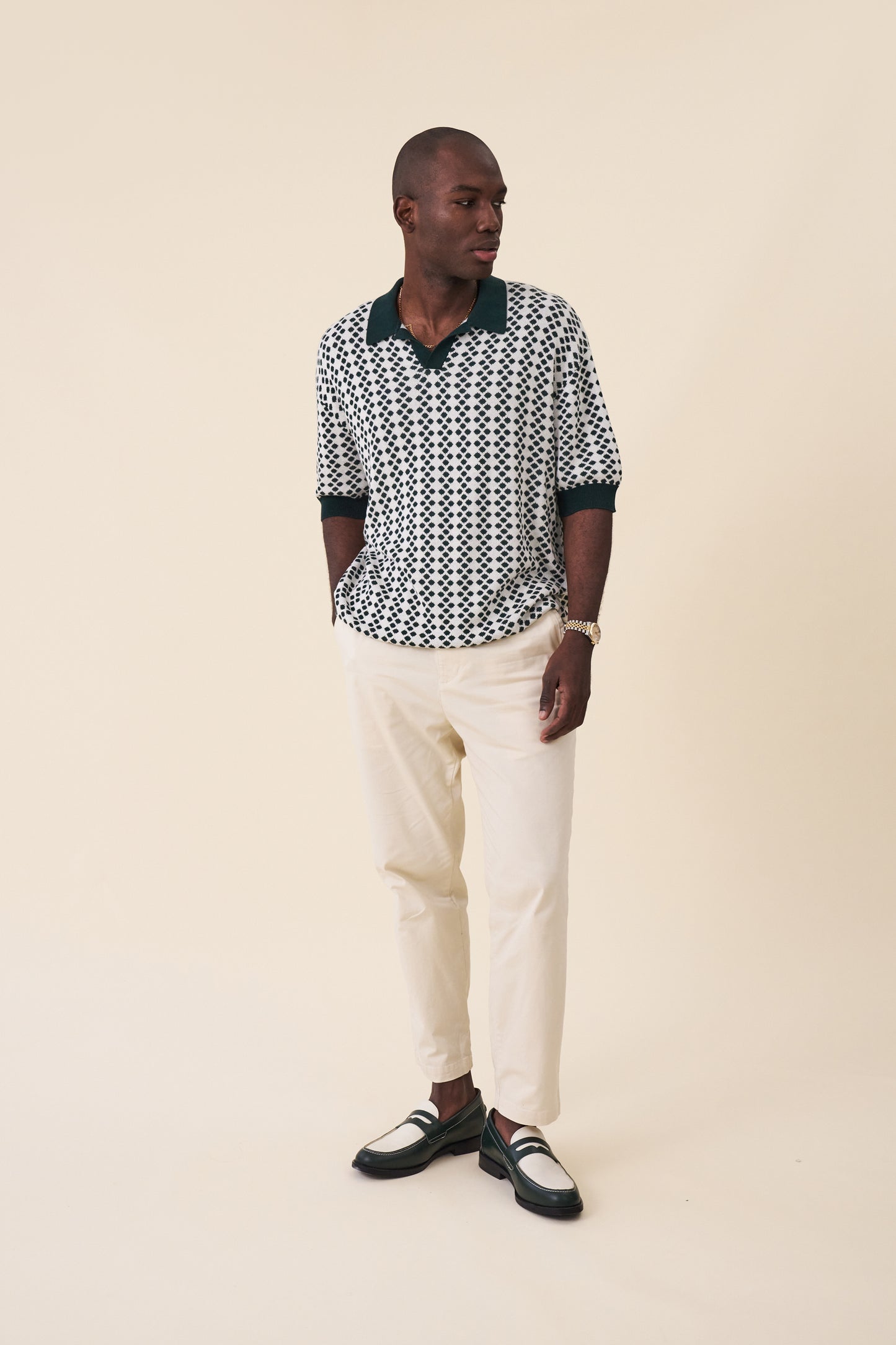 SERRA DOTTED KNIT POLO - WHITE / GREEN