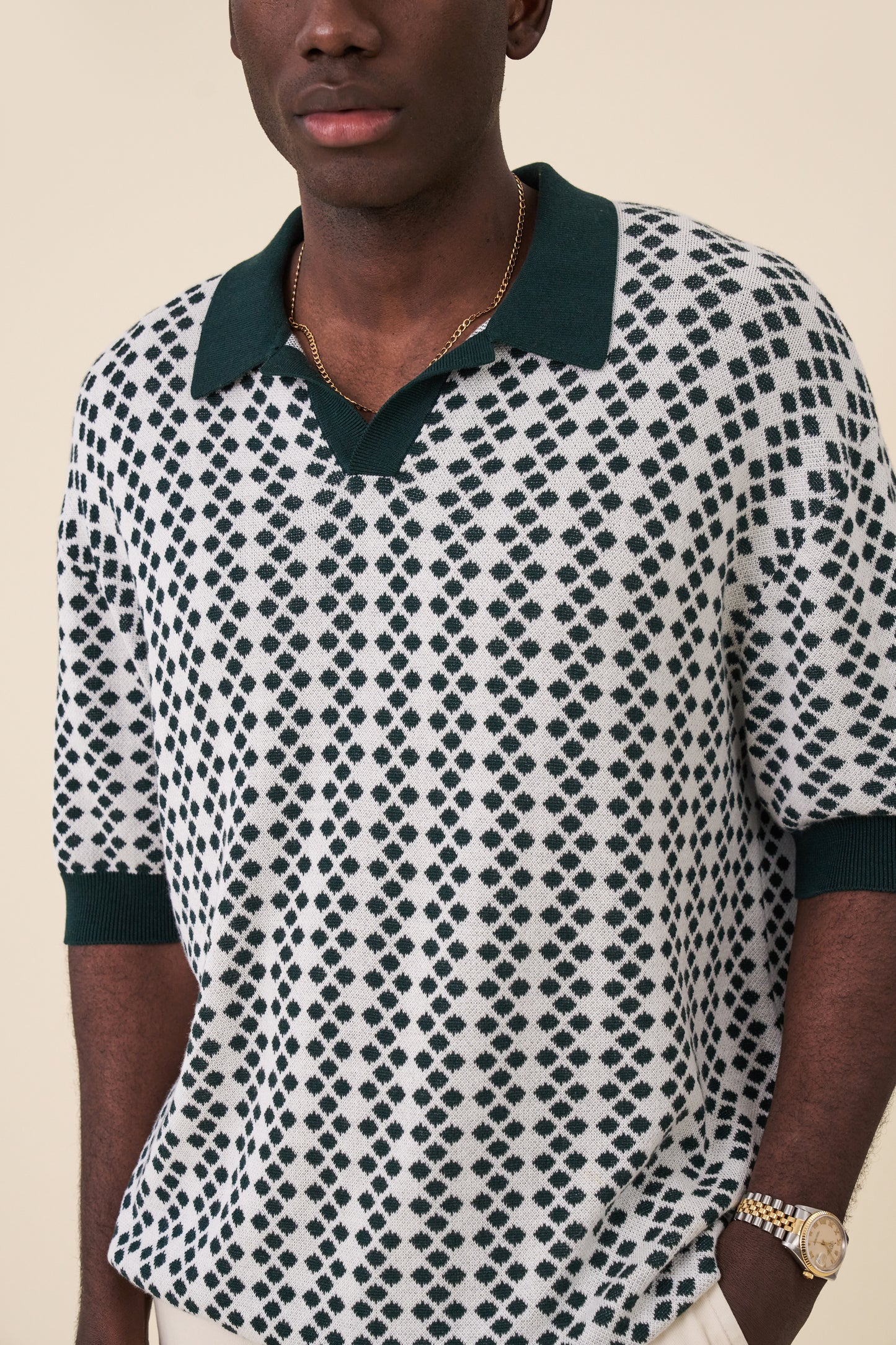 SERRA DOTTED KNIT POLO - WHITE / GREEN