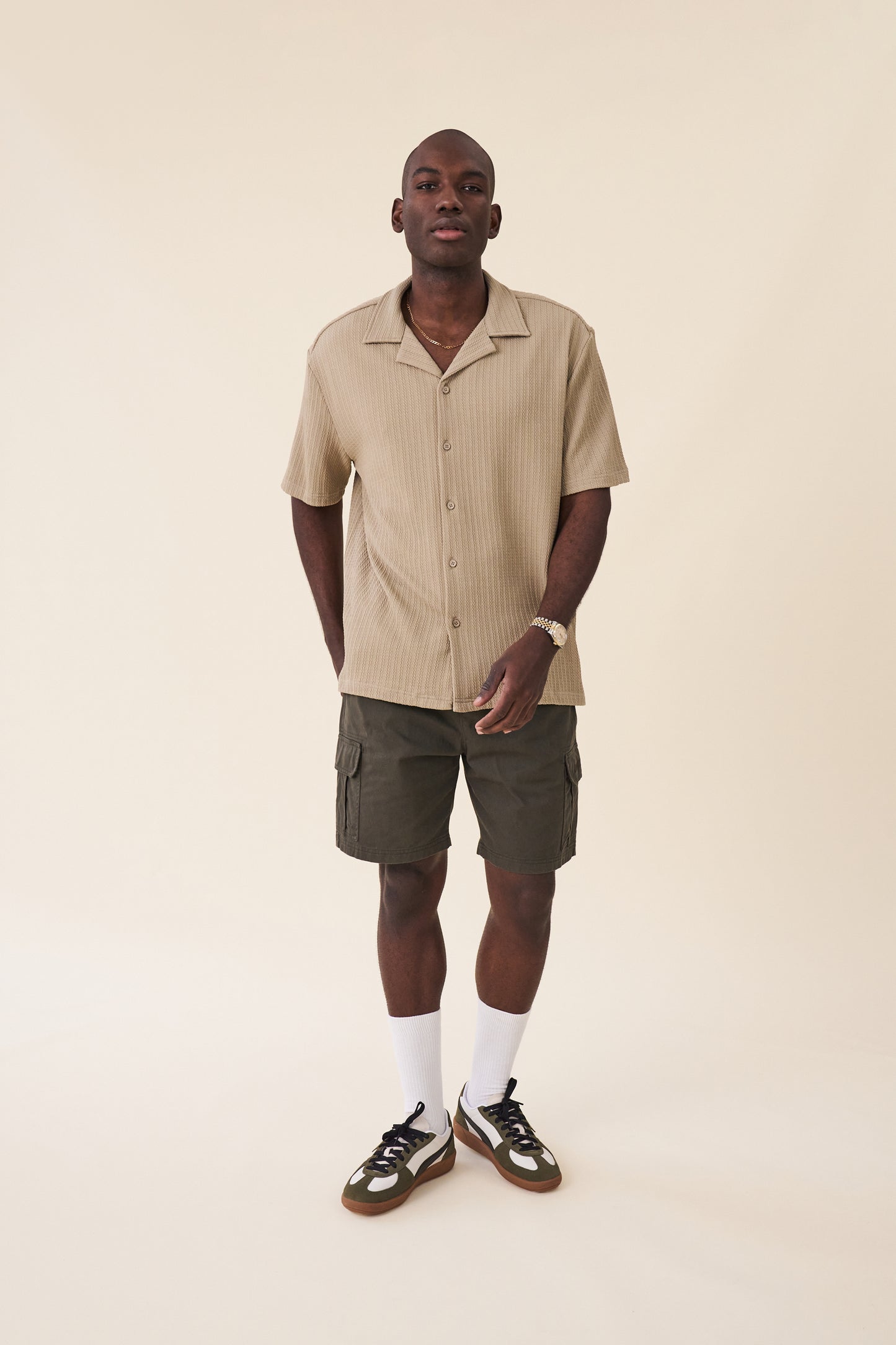 BEIGE CABLE TEXTURE CUBAN SS SHIRT