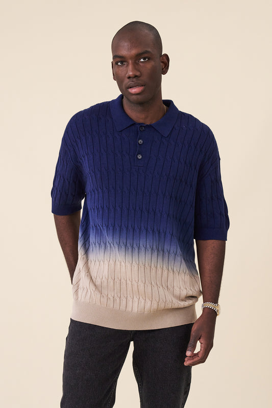 OMBRE CABLE KNIT POLO - NAVY / TAN