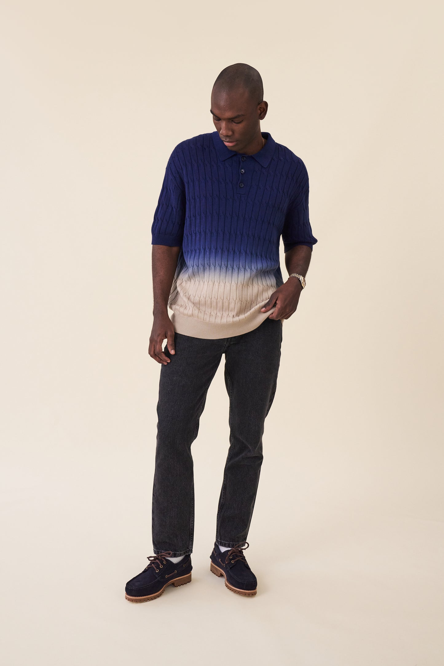OMBRE CABLE KNIT POLO - NAVY / TAN
