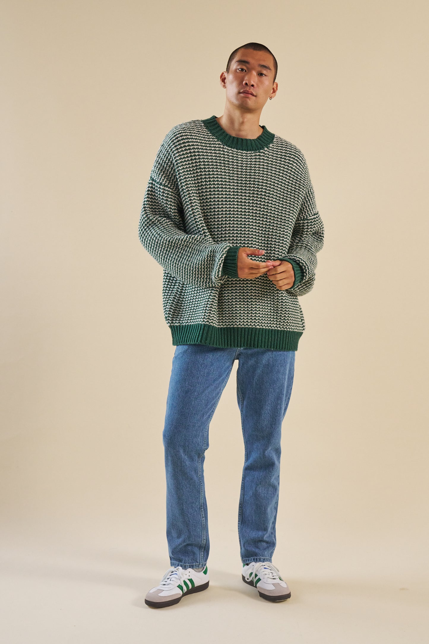 GREEN STRIPE CHUNKY KNIT RIB OVERSIZED SWEATER