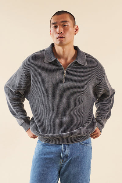 CHARCOAL ACID WASH HALF ZIP KNIT PULLOVER – bound