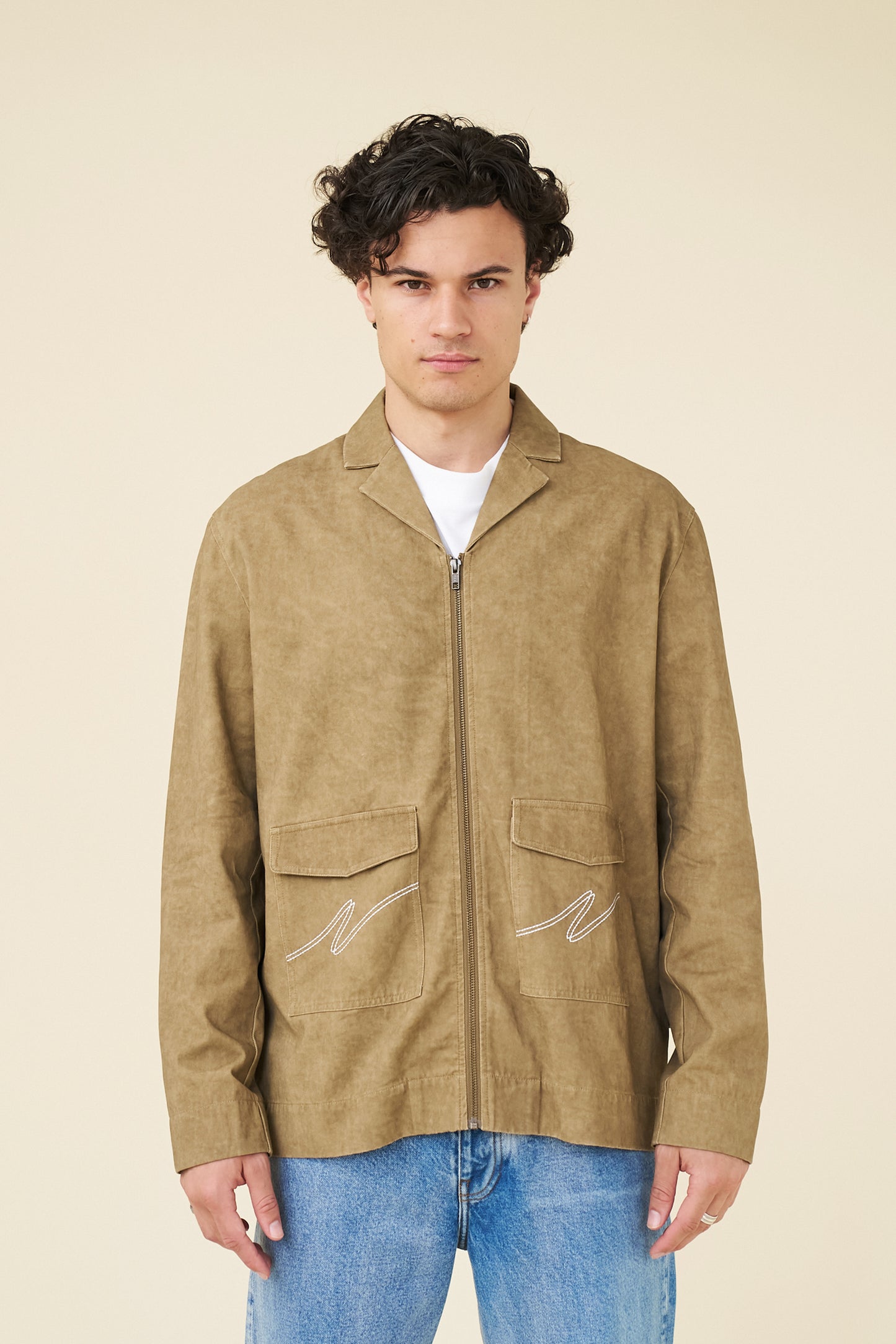 ACID WASH WORKWEAR ZIP UP OVERSHIRT - BROWN