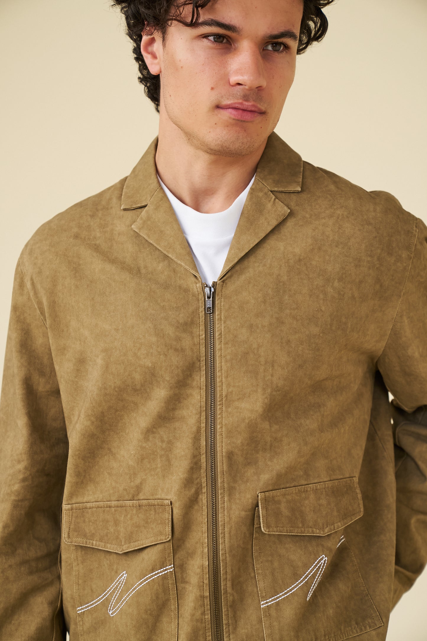 ACID WASH WORKWEAR ZIP UP OVERSHIRT - BROWN