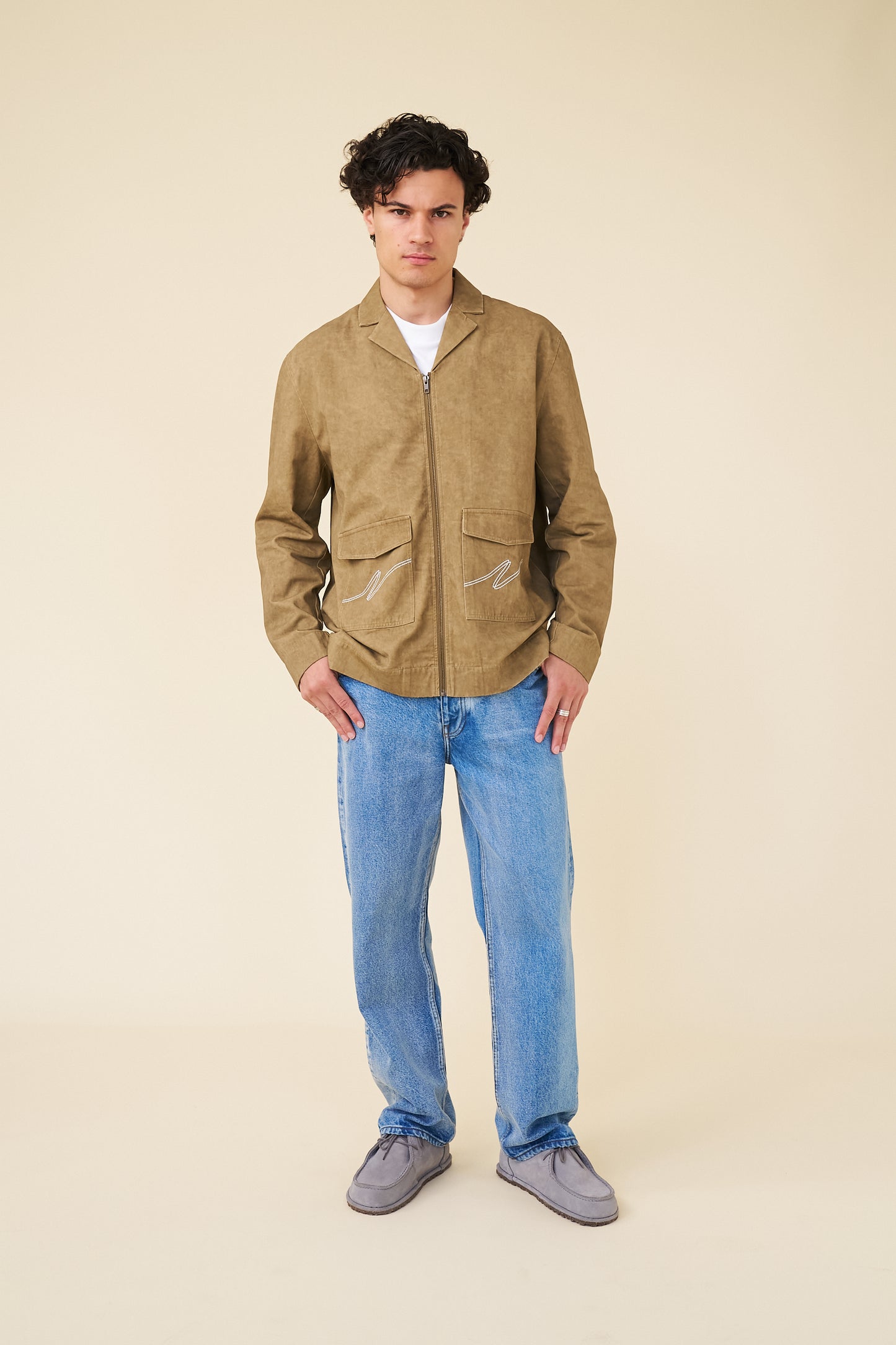 ACID WASH WORKWEAR ZIP UP OVERSHIRT - BROWN