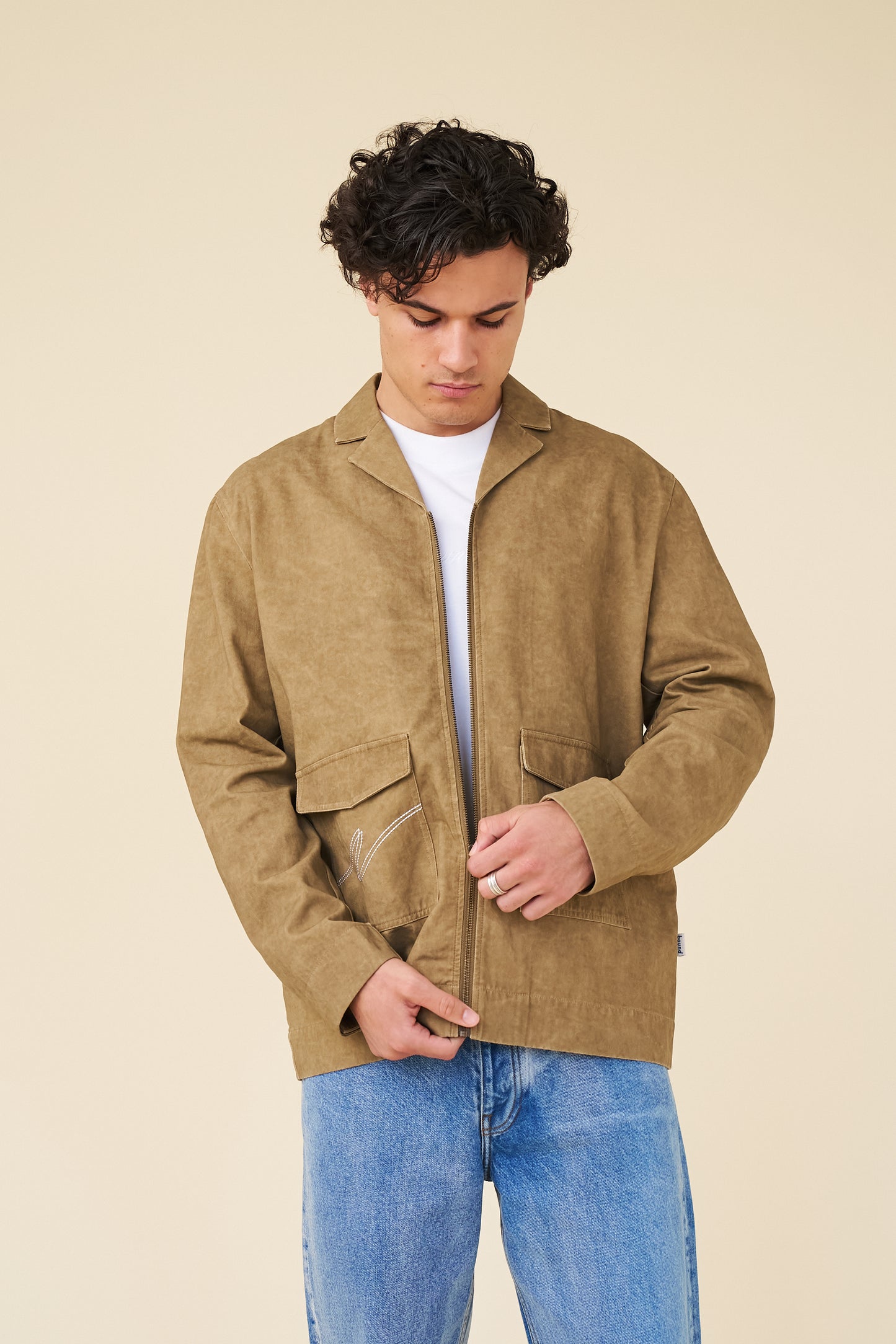 ACID WASH WORKWEAR ZIP UP OVERSHIRT - BROWN