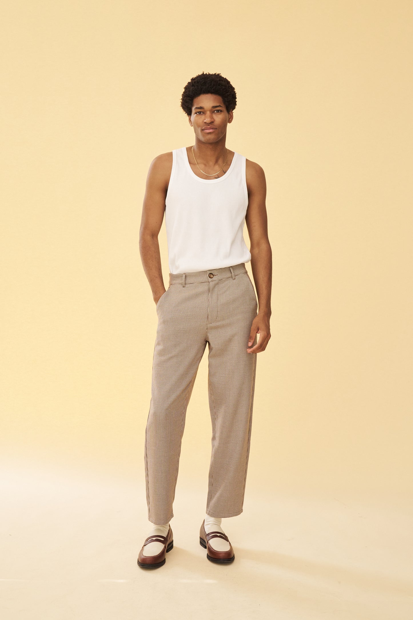DOGTOOTH WOVEN CROPPED TROUSERS - LATTE